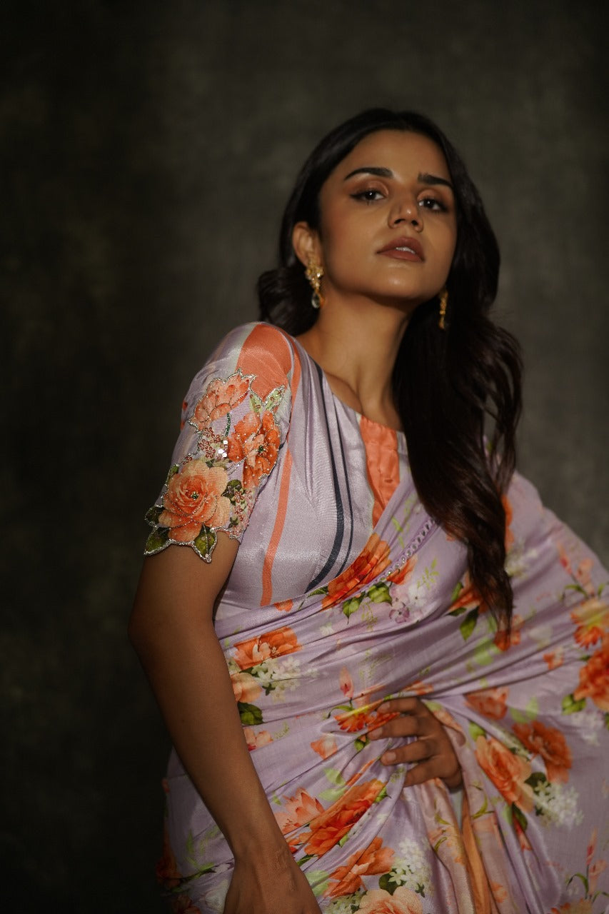 Manorama Lavendula Garden Floral Muslin Silk Saree with Mirror Work - Handmade Blouse