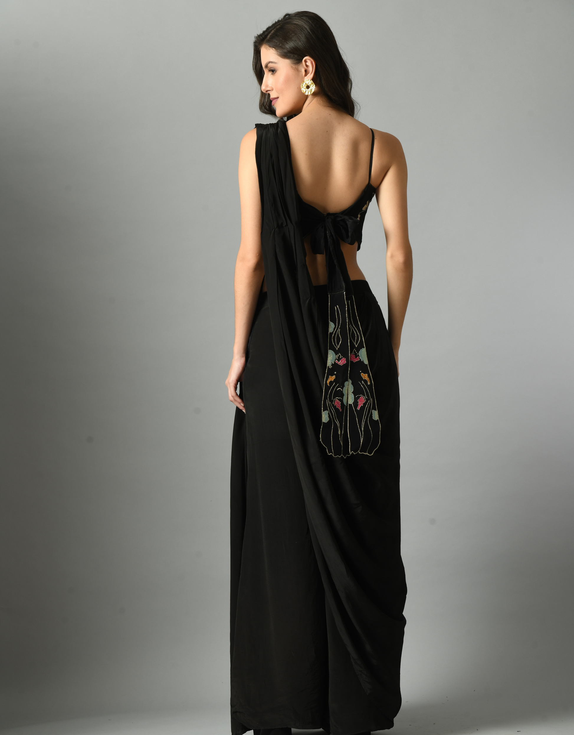 Stylish Black Crepe Silk Nur Bustier Embroidery
