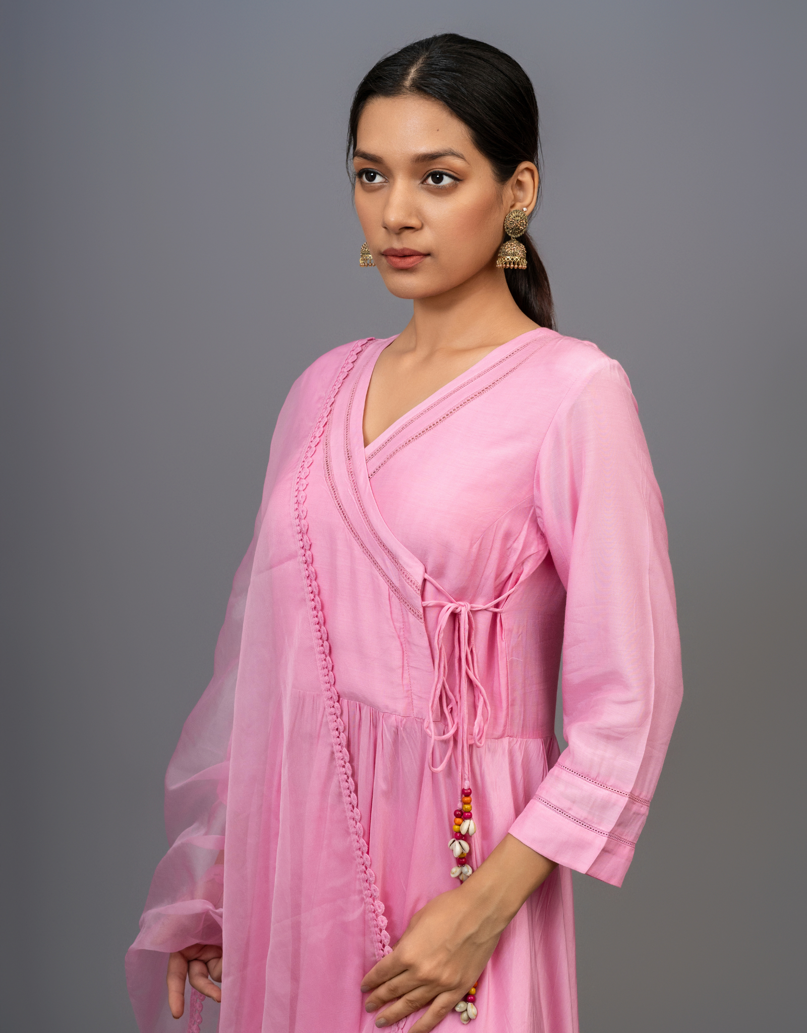Purple Cotton Silk Gathered A-line Angrakha Kurta Pants Lace