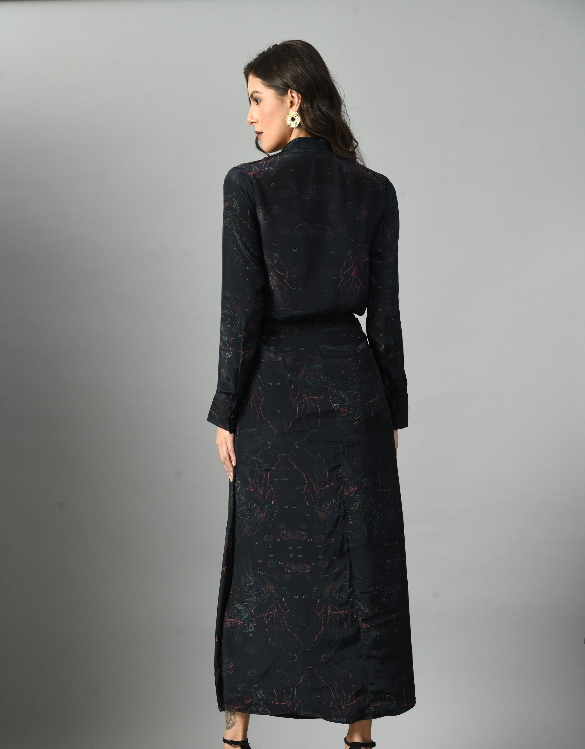 Unique Black Crepe Silk Alice in Wondersea Drape Shirt Skirt Set