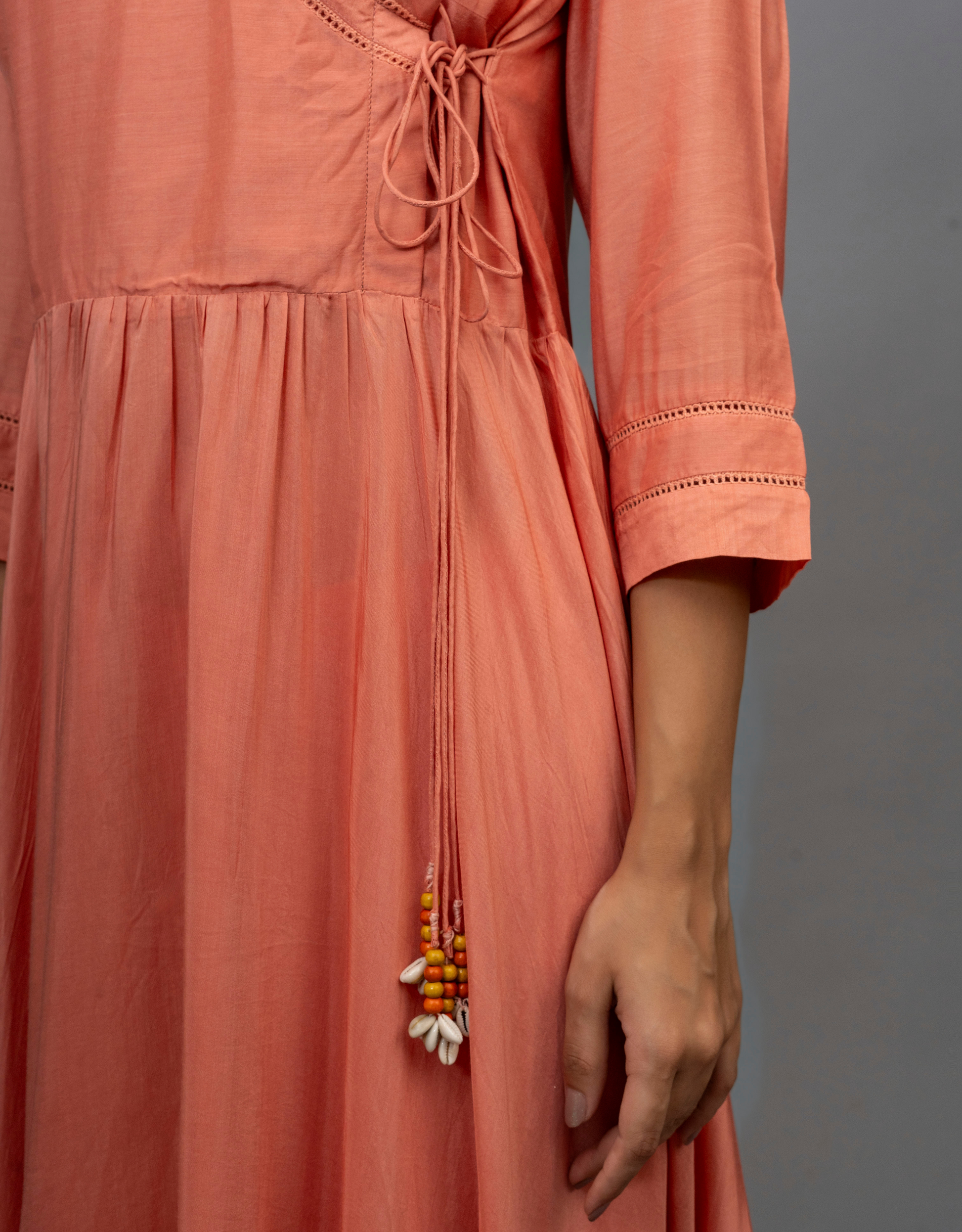 Rust Orange Cotton Silk Gathered Angrakha Kurta Pants Organza Dupatta Lace