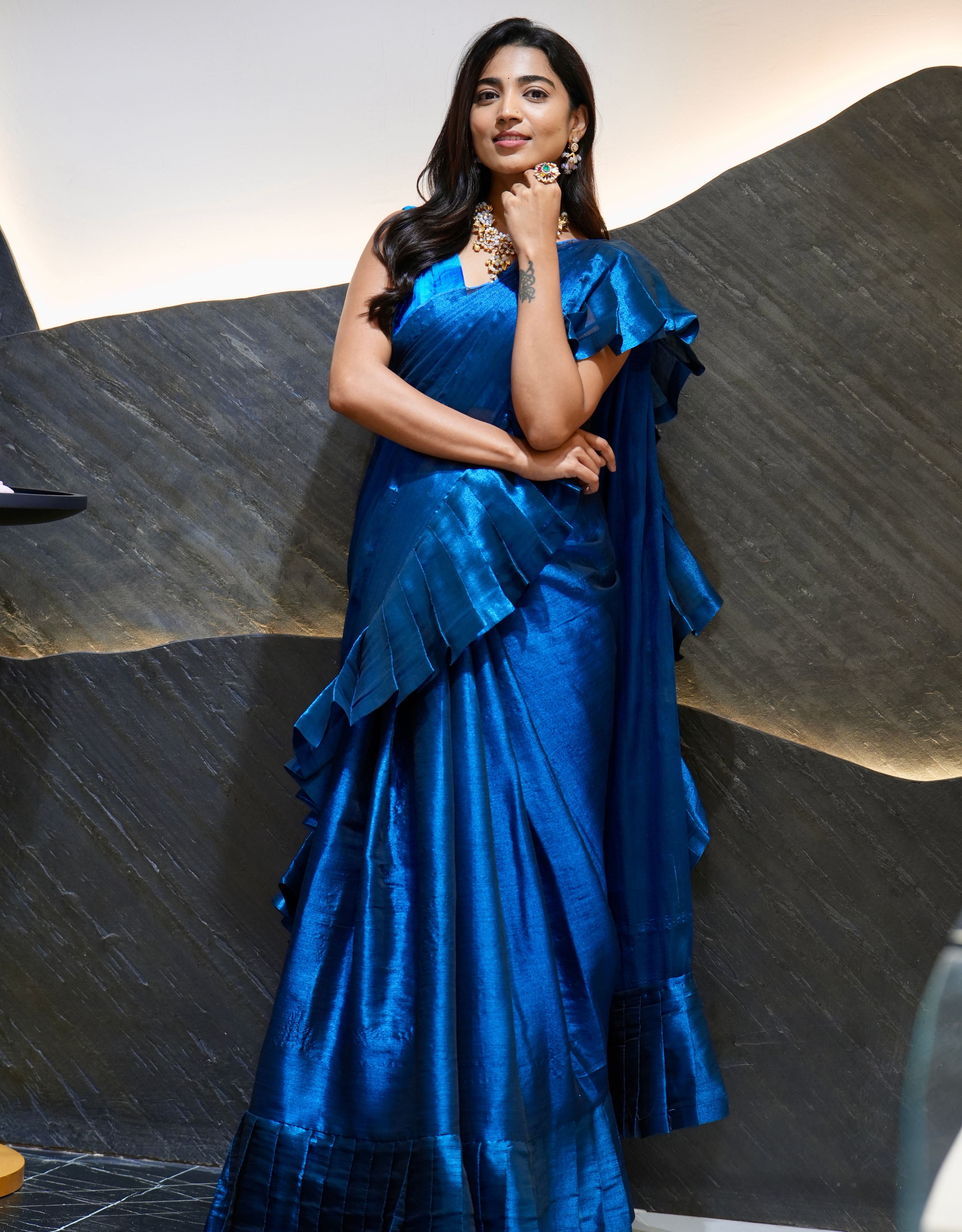 Sapphire Blue Tissue Ruffle Saree Printed Chiffon Pleated Blouse