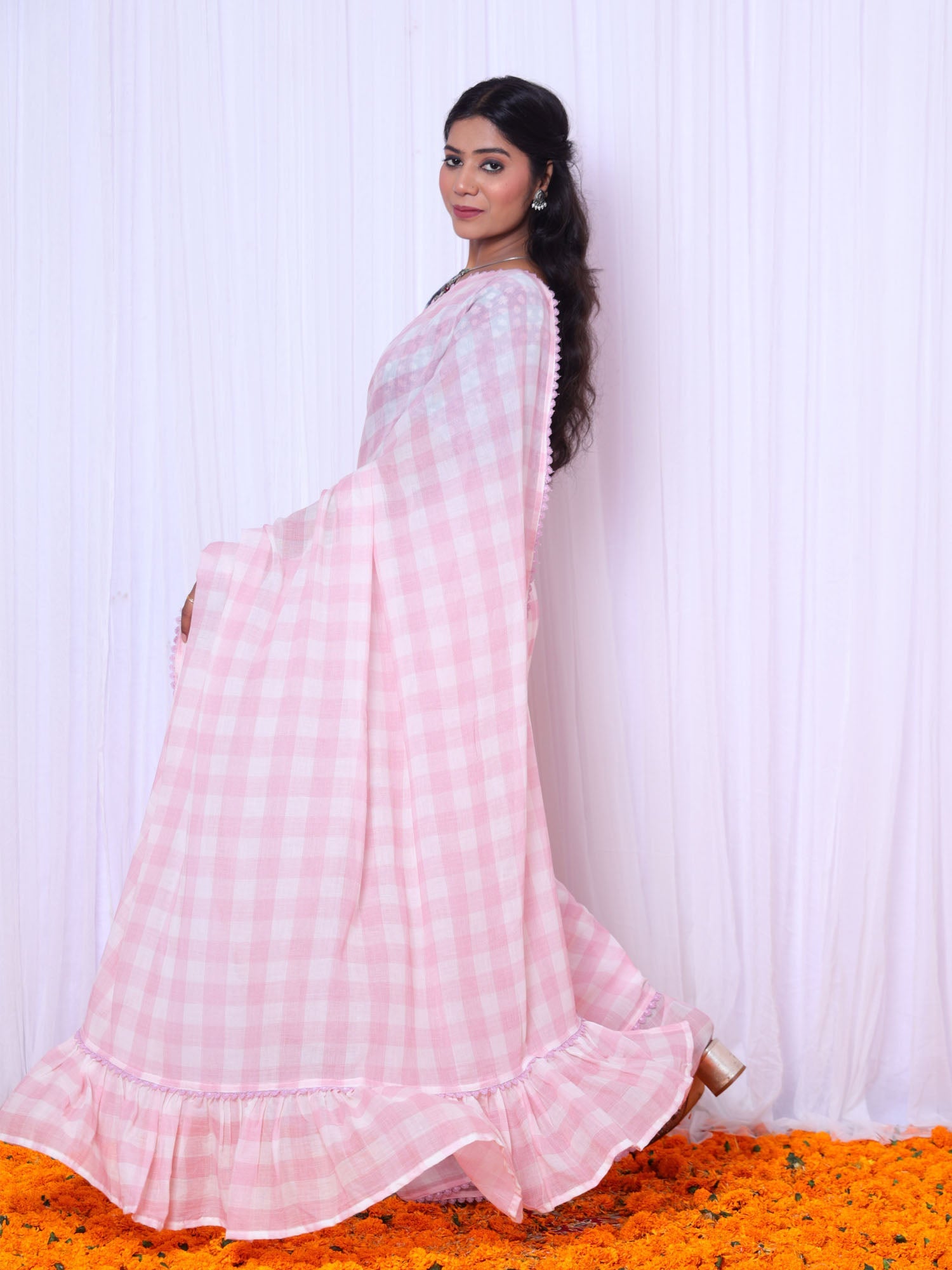 Modern Pink White Mul Cotton Check Ruffle Saree Denim Blouse