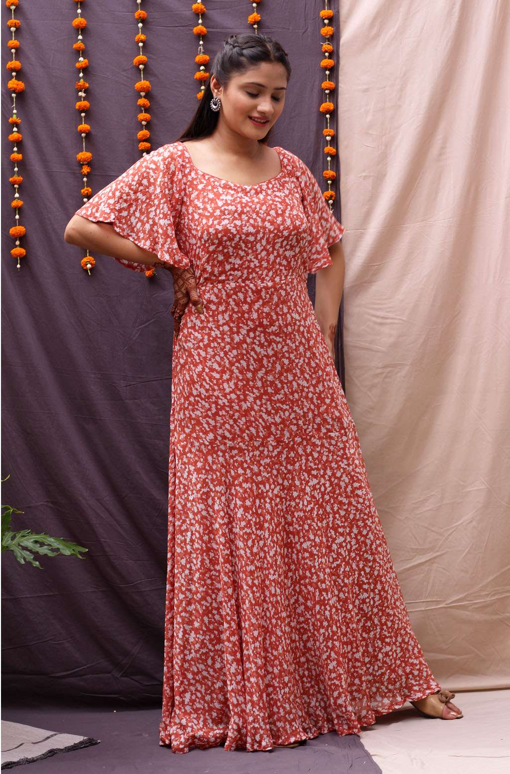 Flattering Pink Orange Georgette Sweetheart Neck Long Dress - Padma