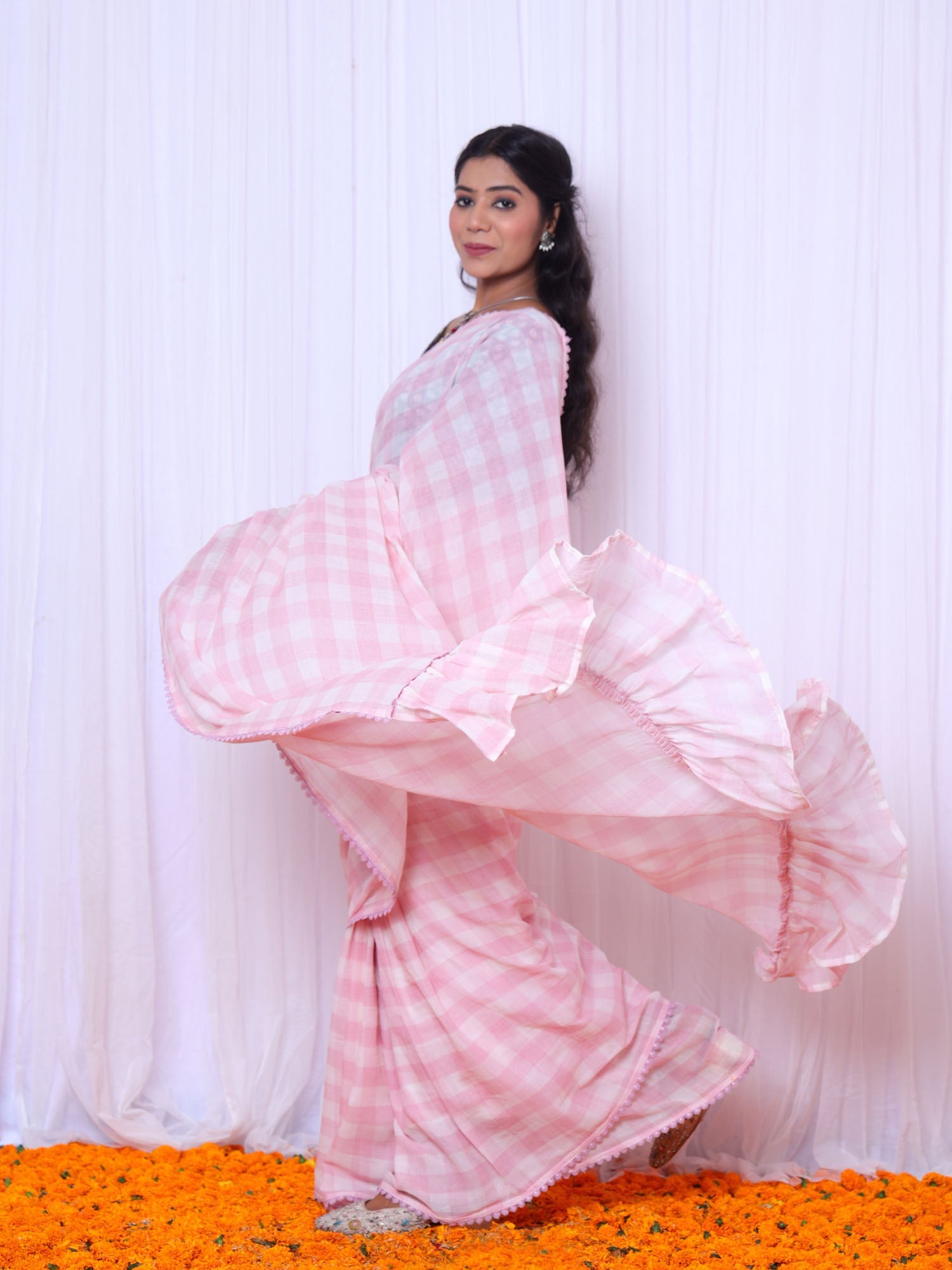 Modern Pink White Mul Cotton Check Ruffle Saree Denim Blouse