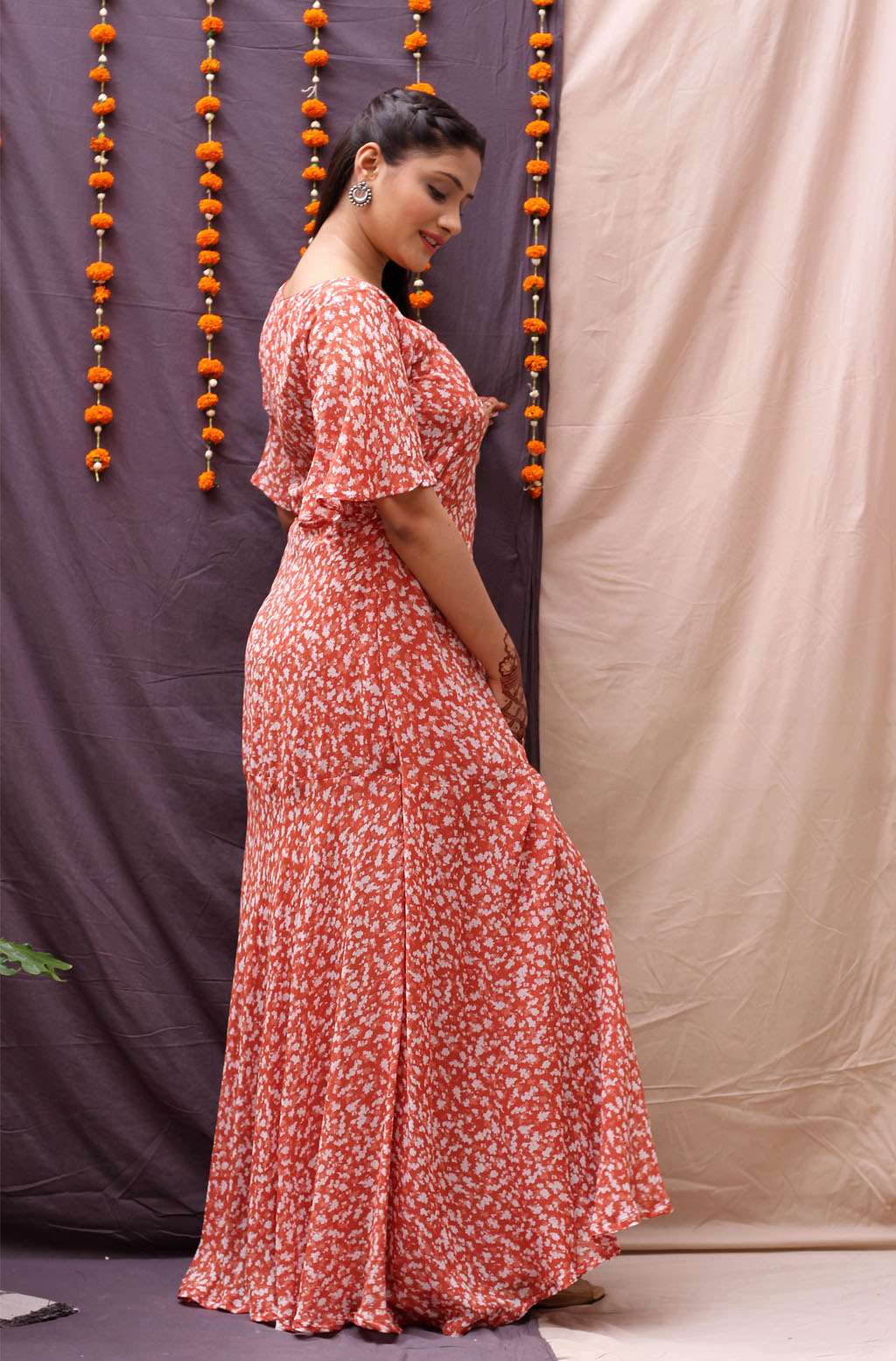 Flattering Pink Orange Georgette Sweetheart Neck Long Dress - Padma