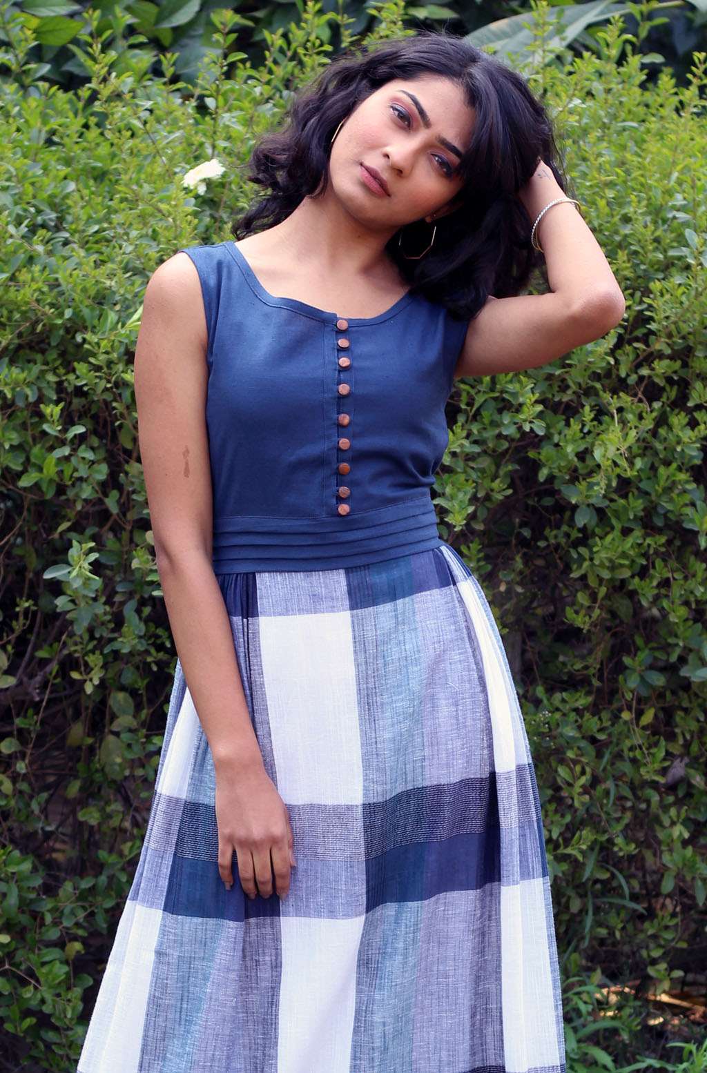 Versatile Blue White Cotton Chambray Maxi Dress - Aurora