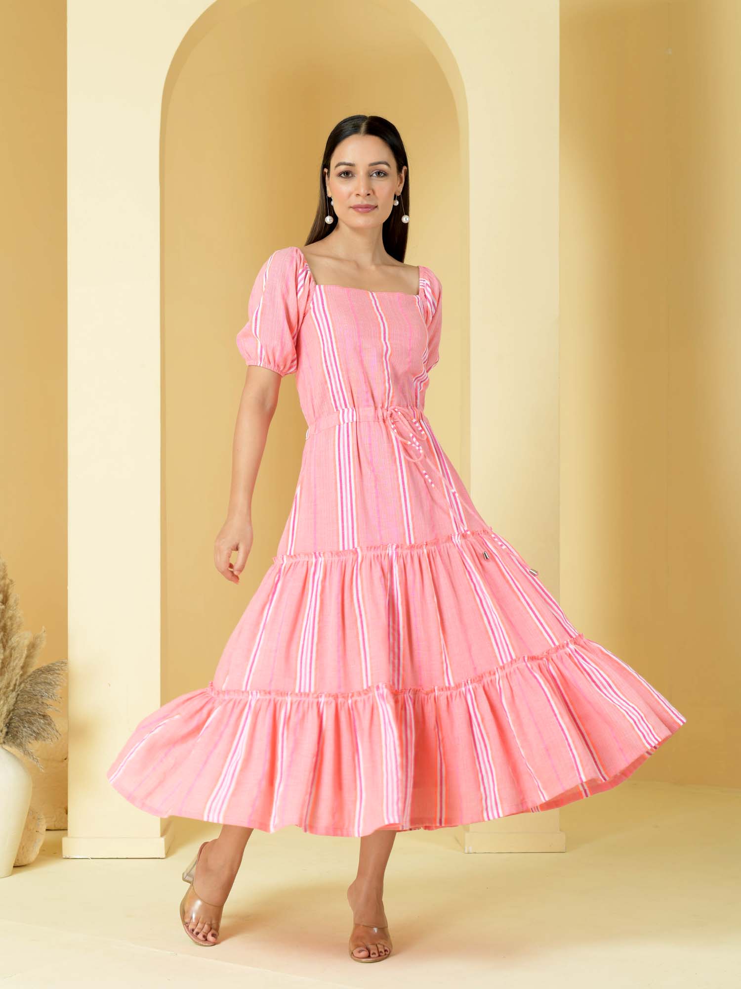 Playful Maroon Pink Cotton Striped Drawstring Dress - Florence