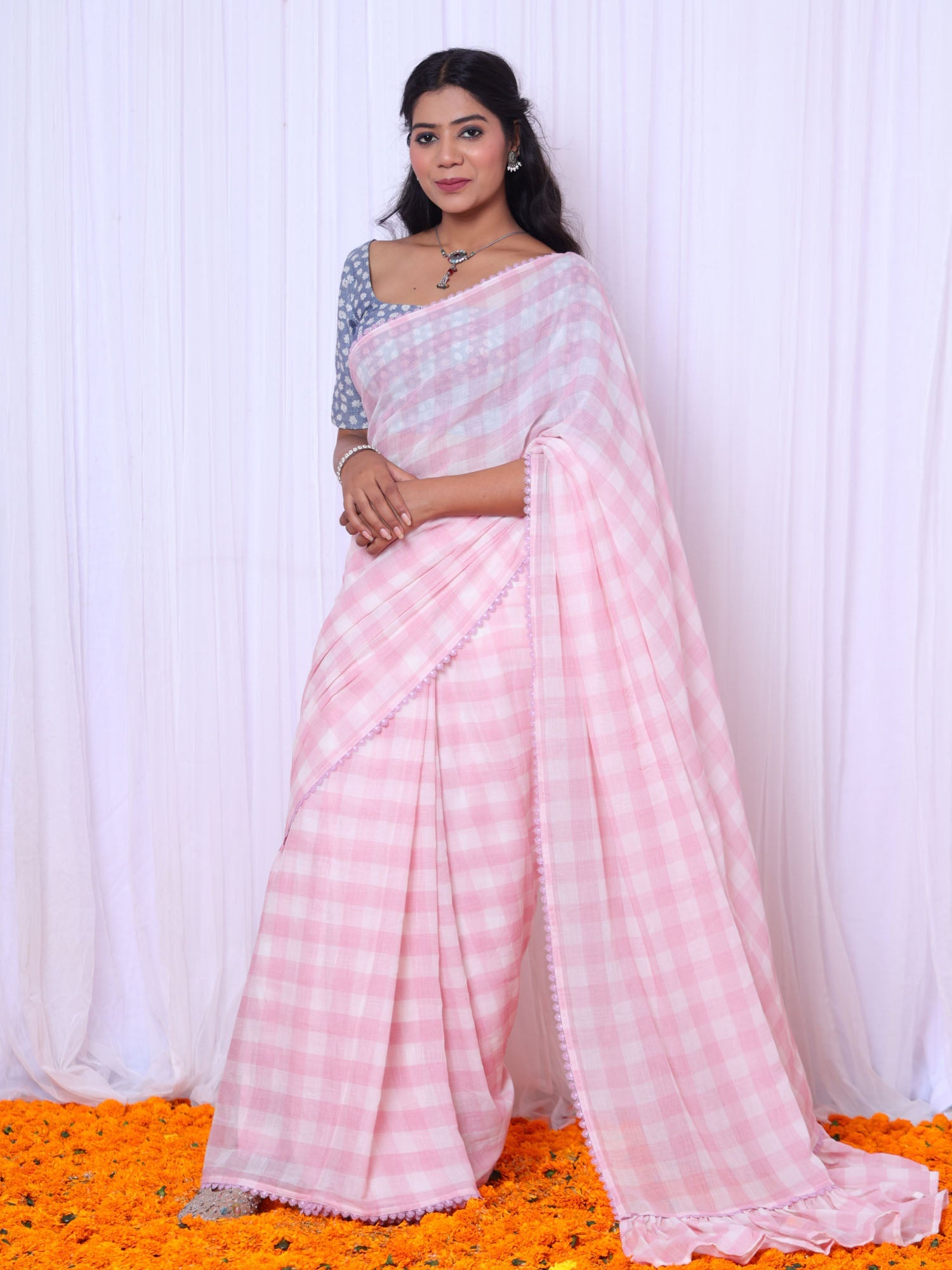 Modern Pink White Mul Cotton Check Ruffle Saree Denim Blouse