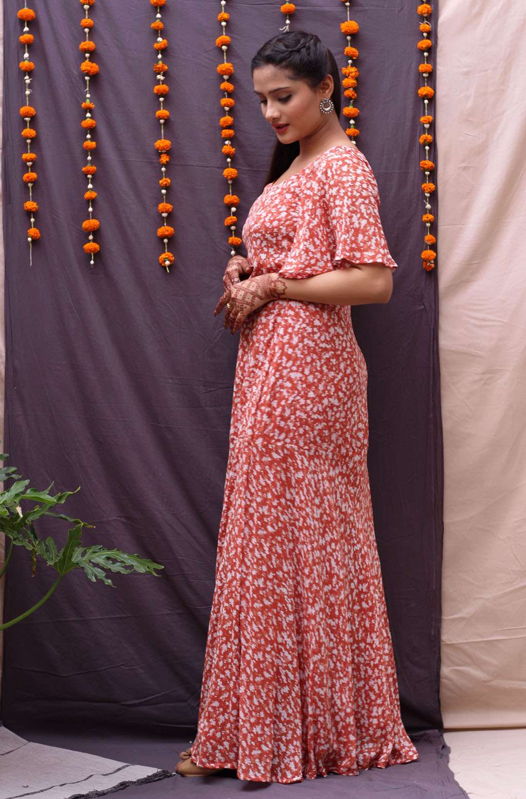 Flattering Pink Orange Georgette Sweetheart Neck Long Dress - Padma