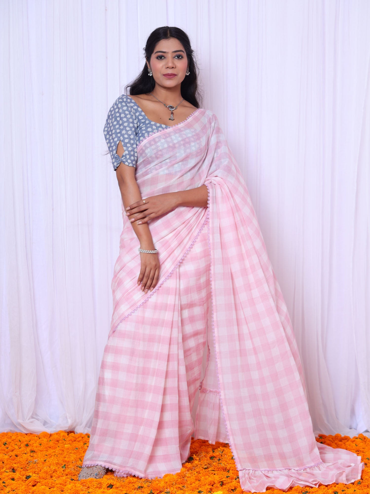 Modern Pink White Mul Cotton Check Ruffle Saree Denim Blouse