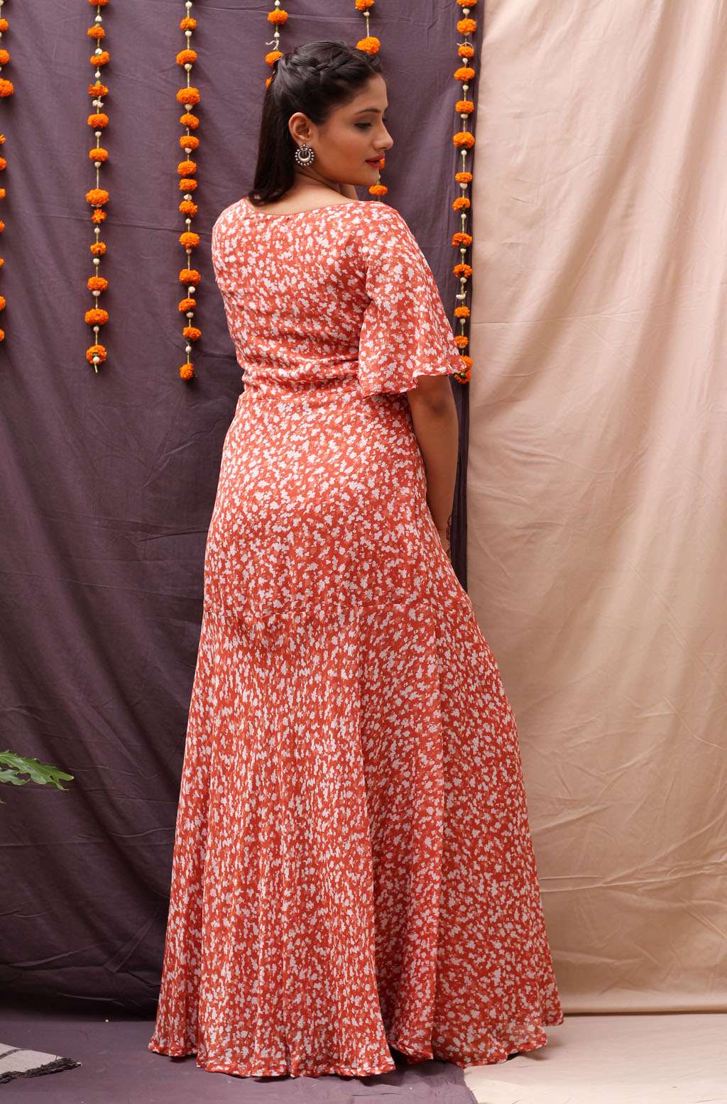 Flattering Pink Orange Georgette Sweetheart Neck Long Dress - Padma