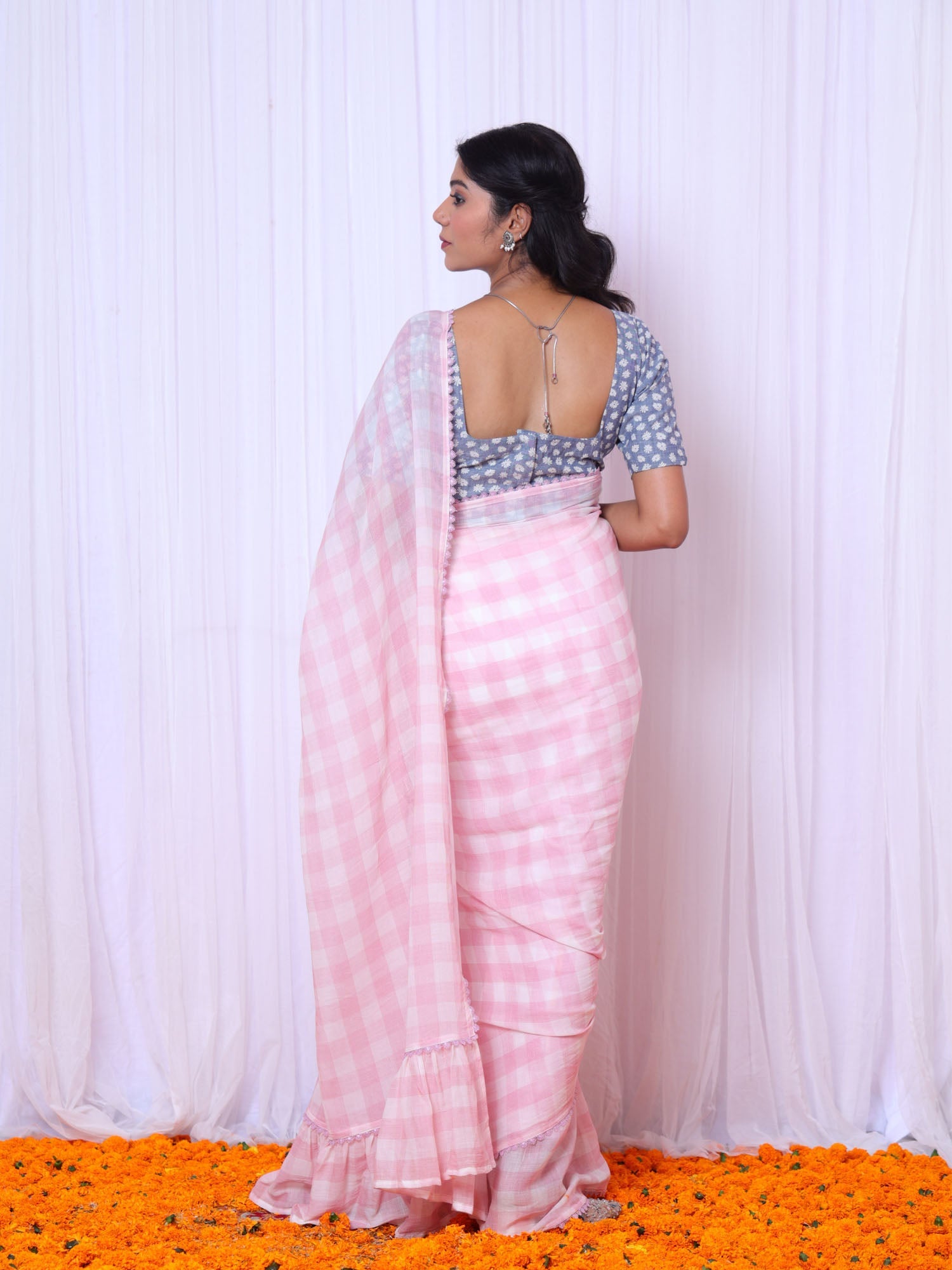 Modern Pink White Mul Cotton Check Ruffle Saree Denim Blouse