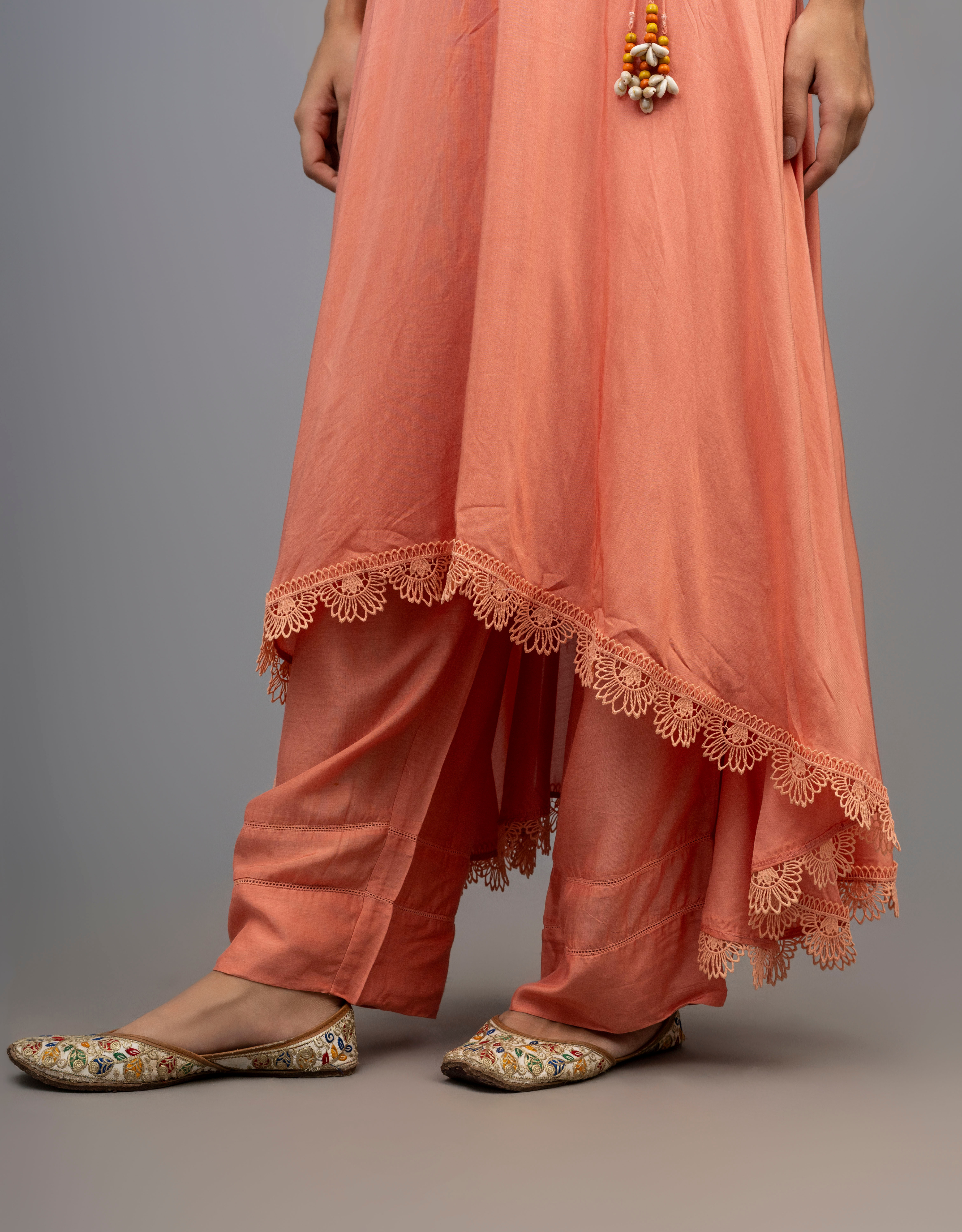 Rust Orange Cotton Silk Gathered A-line Angrakha Kurta Pants Lace