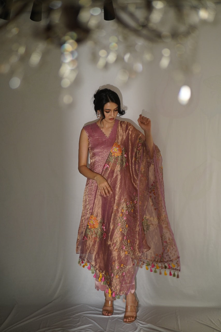 Manorama Roselyn Floral Banaras Tissue Anarkali Kurti with Pants - Thread Work