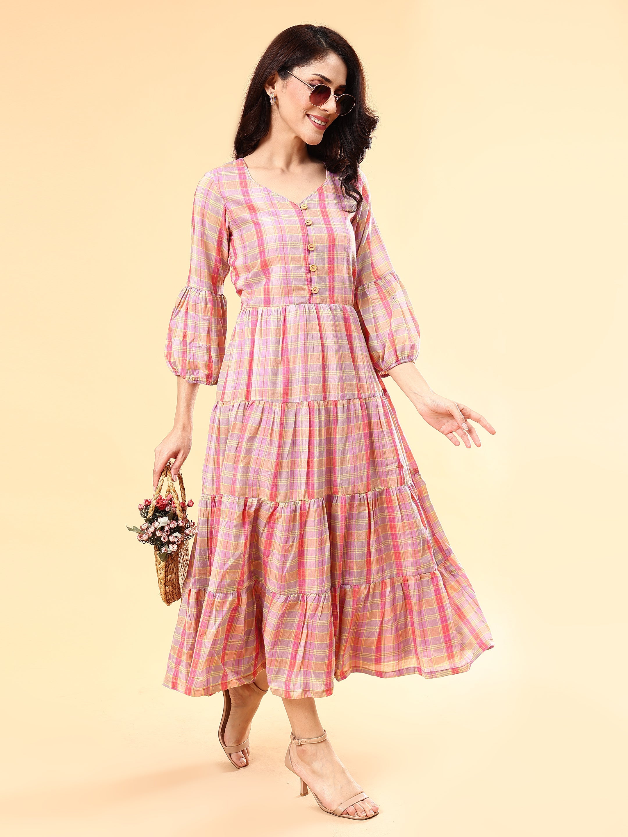 Modest Multicolor Pink Black White Cotton Checks Flared Dress - Diva