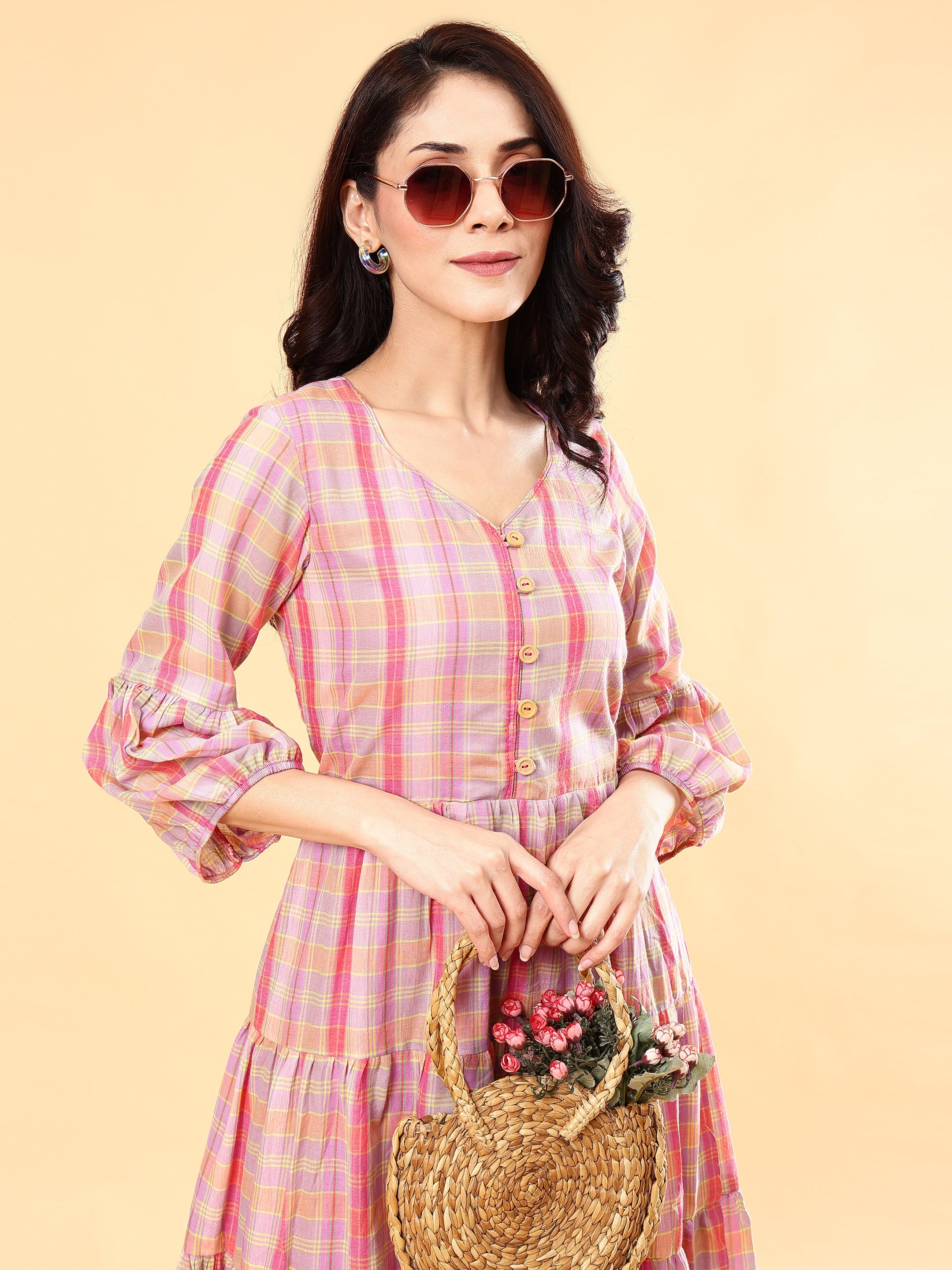 Modest Multicolor Pink Black White Cotton Checks Flared Dress - Diva