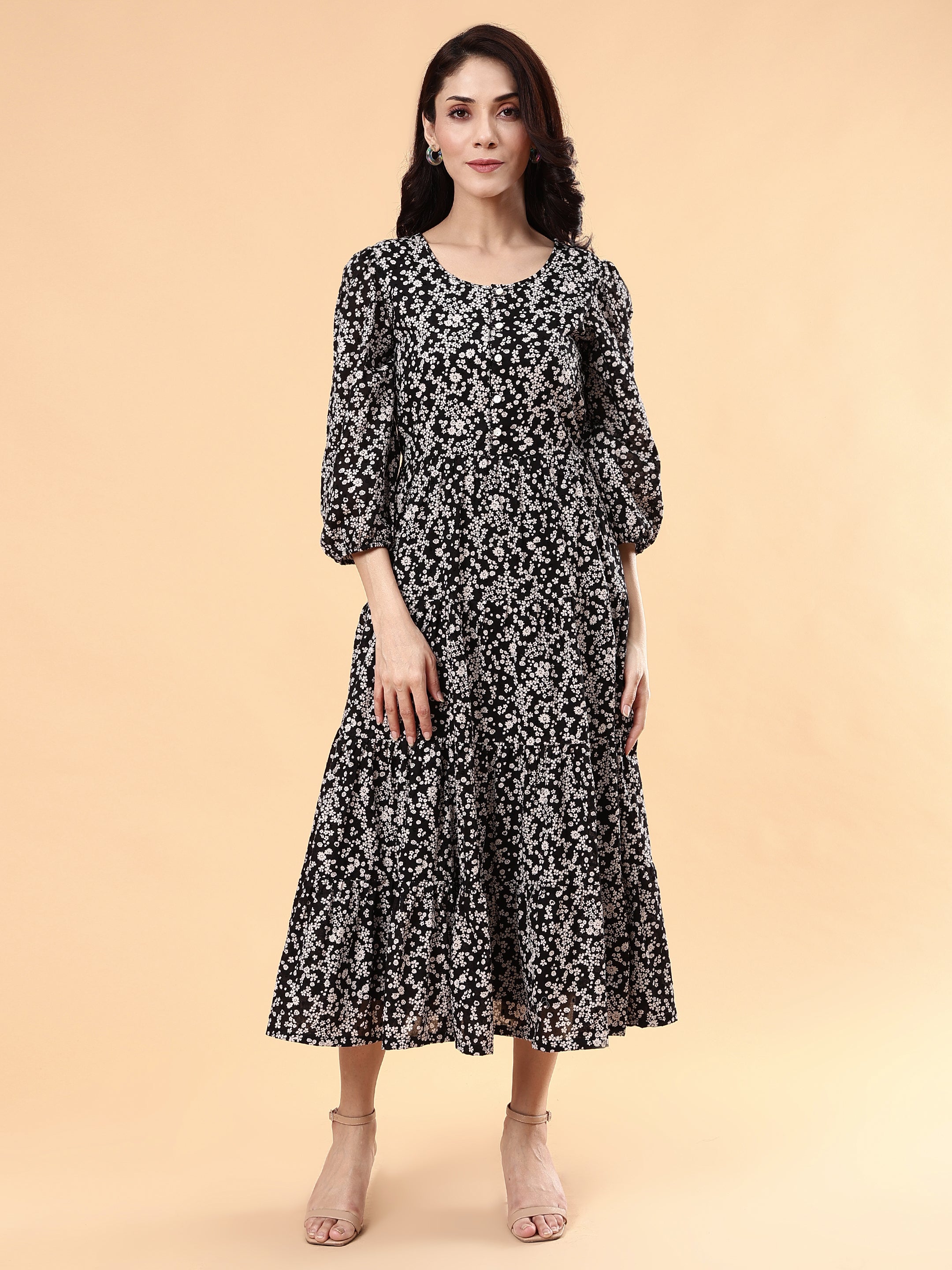 Modest Black White Multicolor Cotton Floral Print Flared Dress