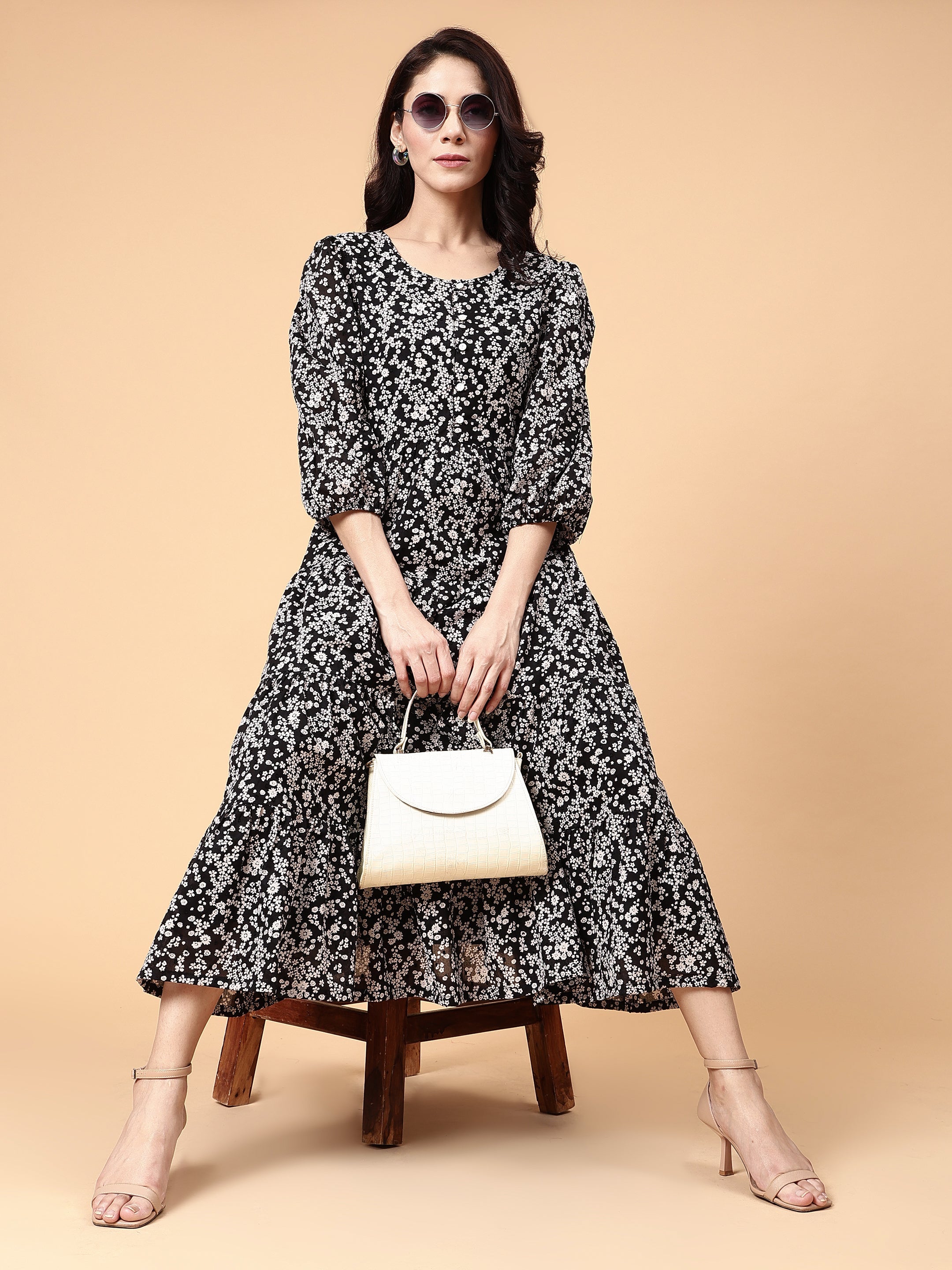 Modest Black White Multicolor Cotton Floral Print Flared Dress