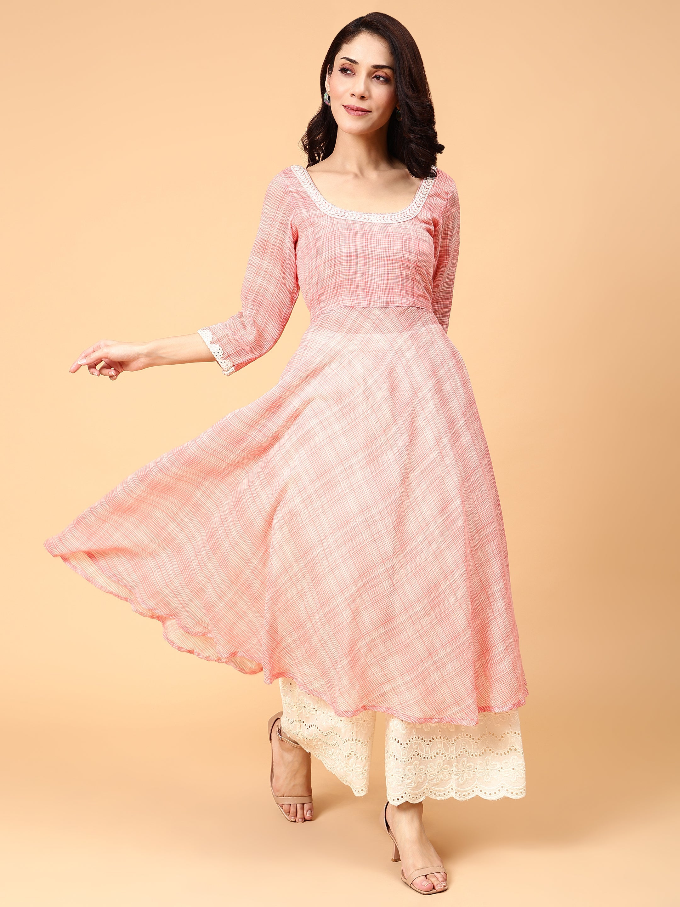 Calming Peach White Cotton Anarkali Kurta Schiffli Pant Set - Sunset Vibes