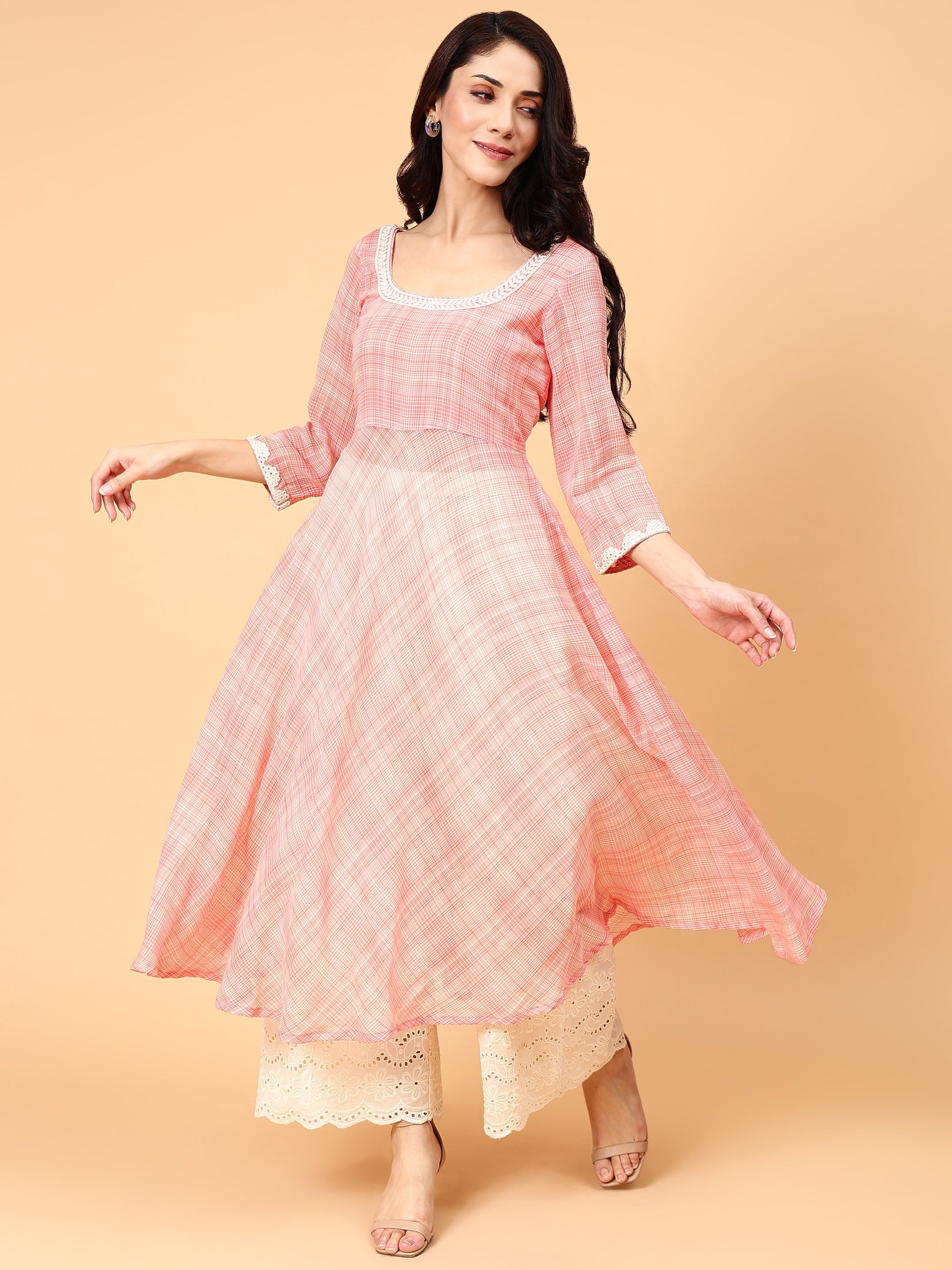 Calming Peach White Cotton Anarkali Kurta Schiffli Pant Set - Sunset Vibes