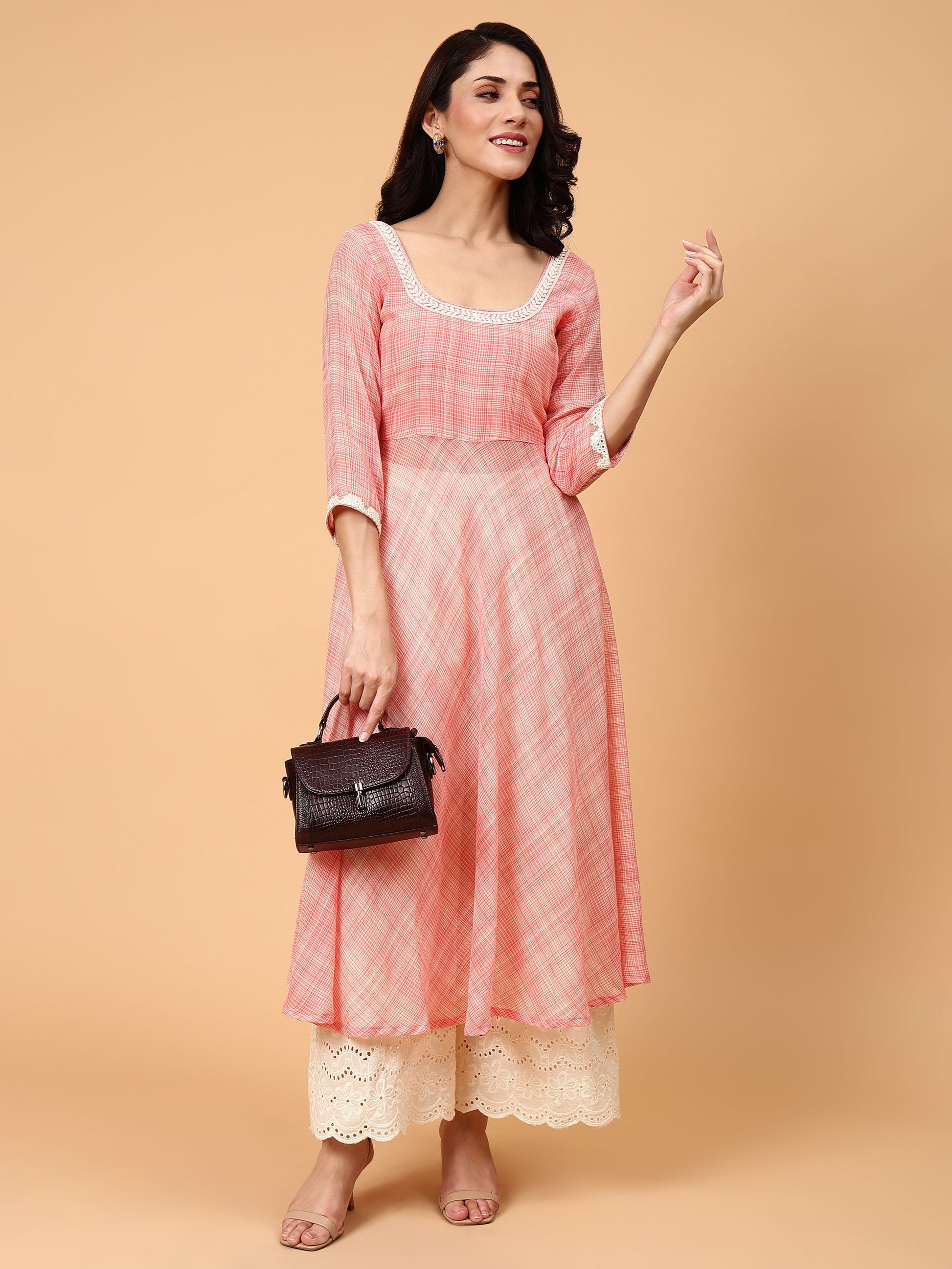 Calming Peach White Cotton Anarkali Kurta Schiffli Pant Set - Sunset Vibes