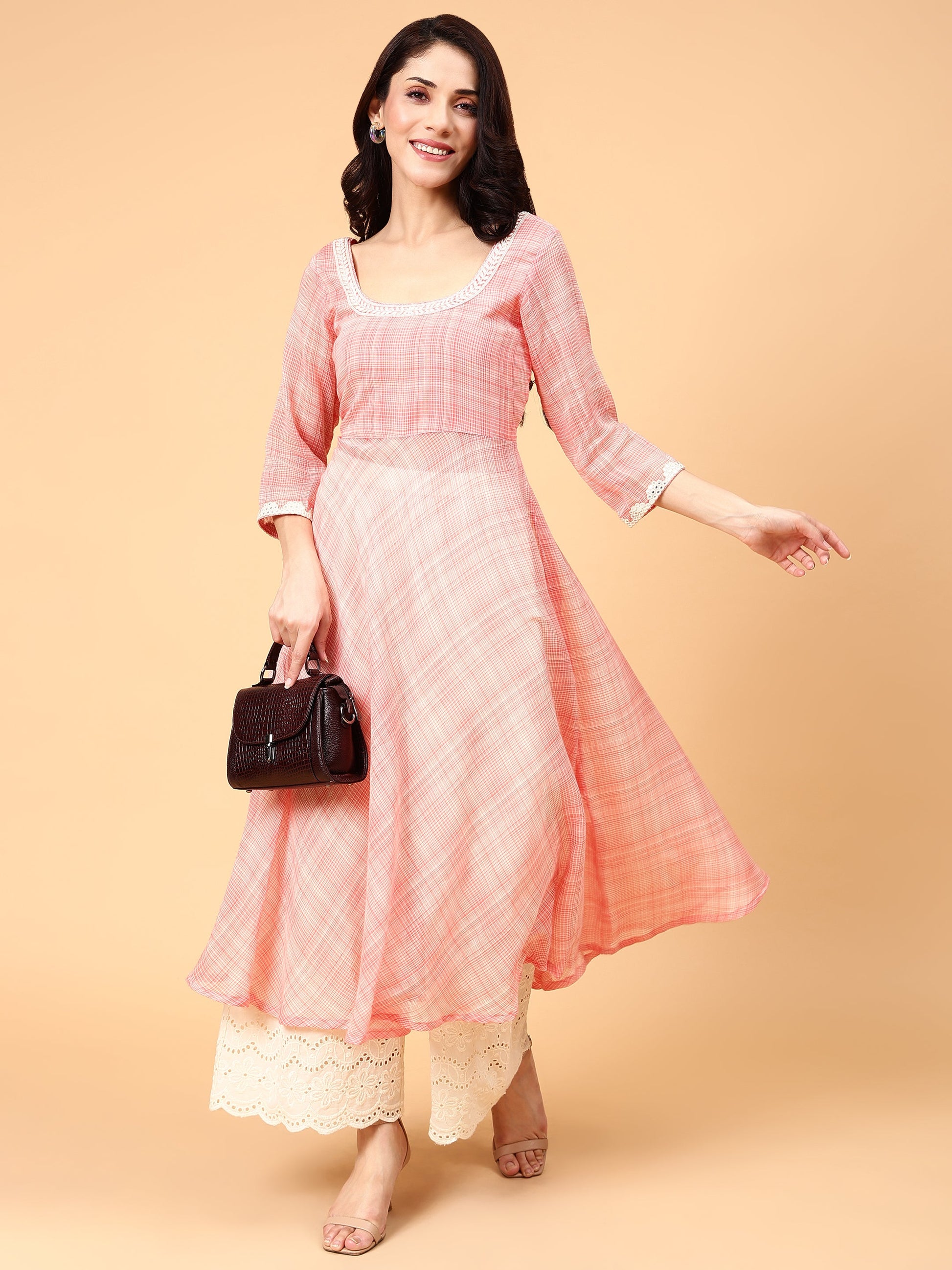 Calming Peach White Cotton Anarkali Kurta Schiffli Pant Set - Sunset Vibes
