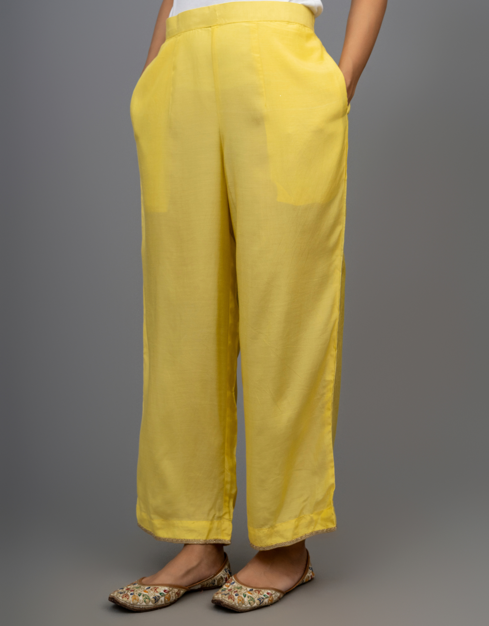 Yellow Cotton Silk Hand Embroidered Gathered A-line Kurta Pants Set