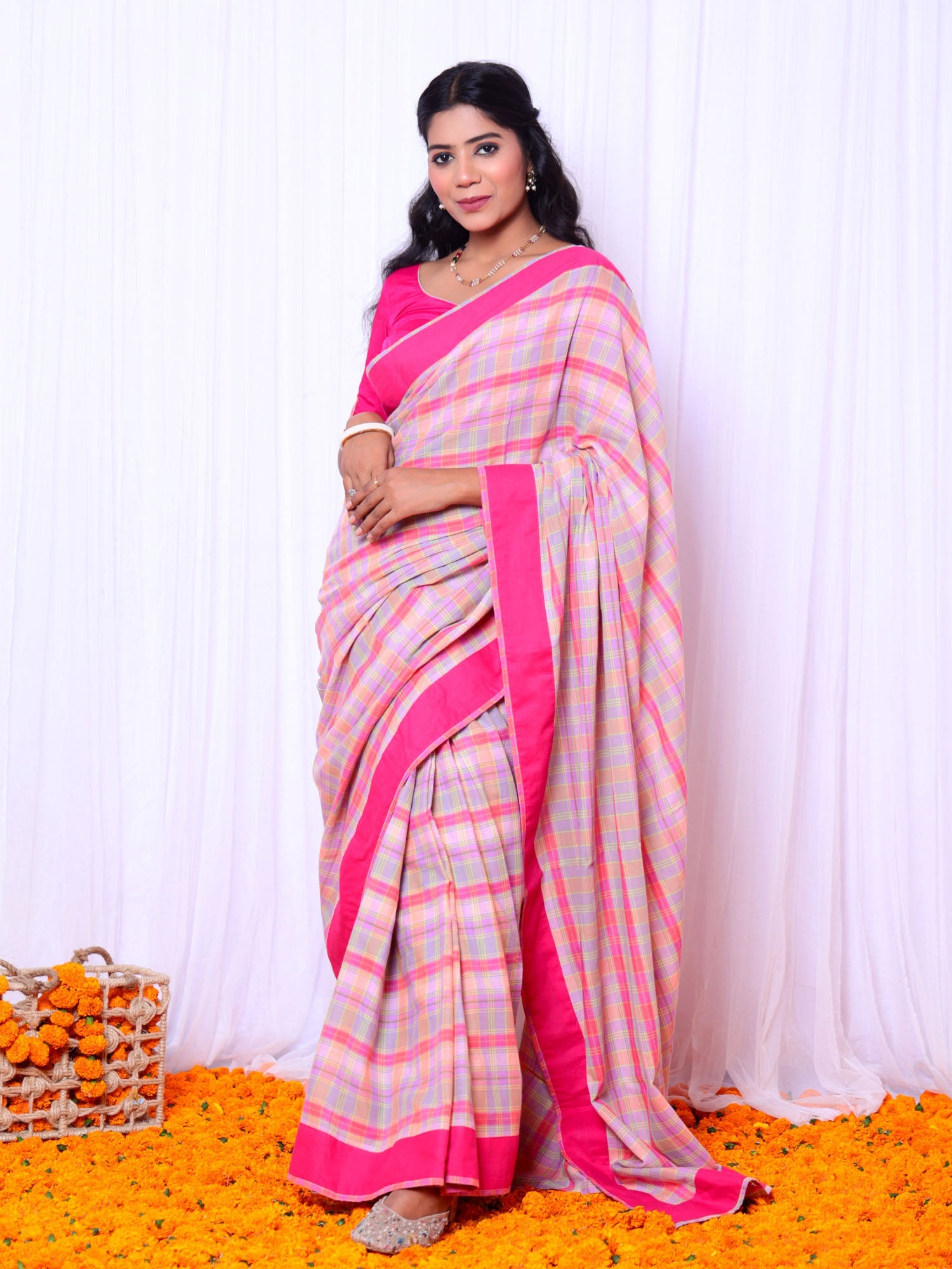 Festive Multicolor Magenta Mul Cotton Checks Saree Hand Embroidery