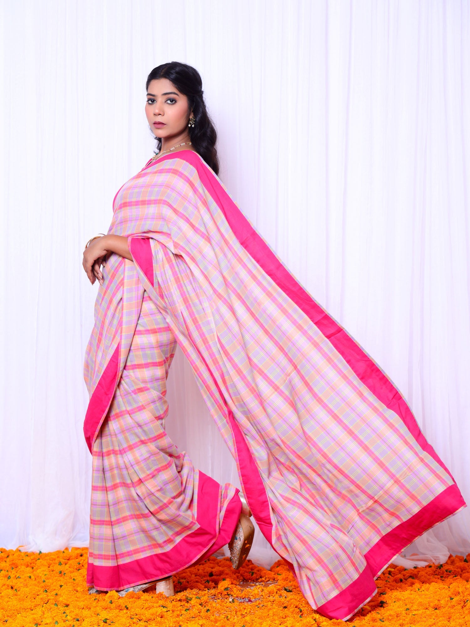 Festive Multicolor Magenta Mul Cotton Checks Saree Hand Embroidery