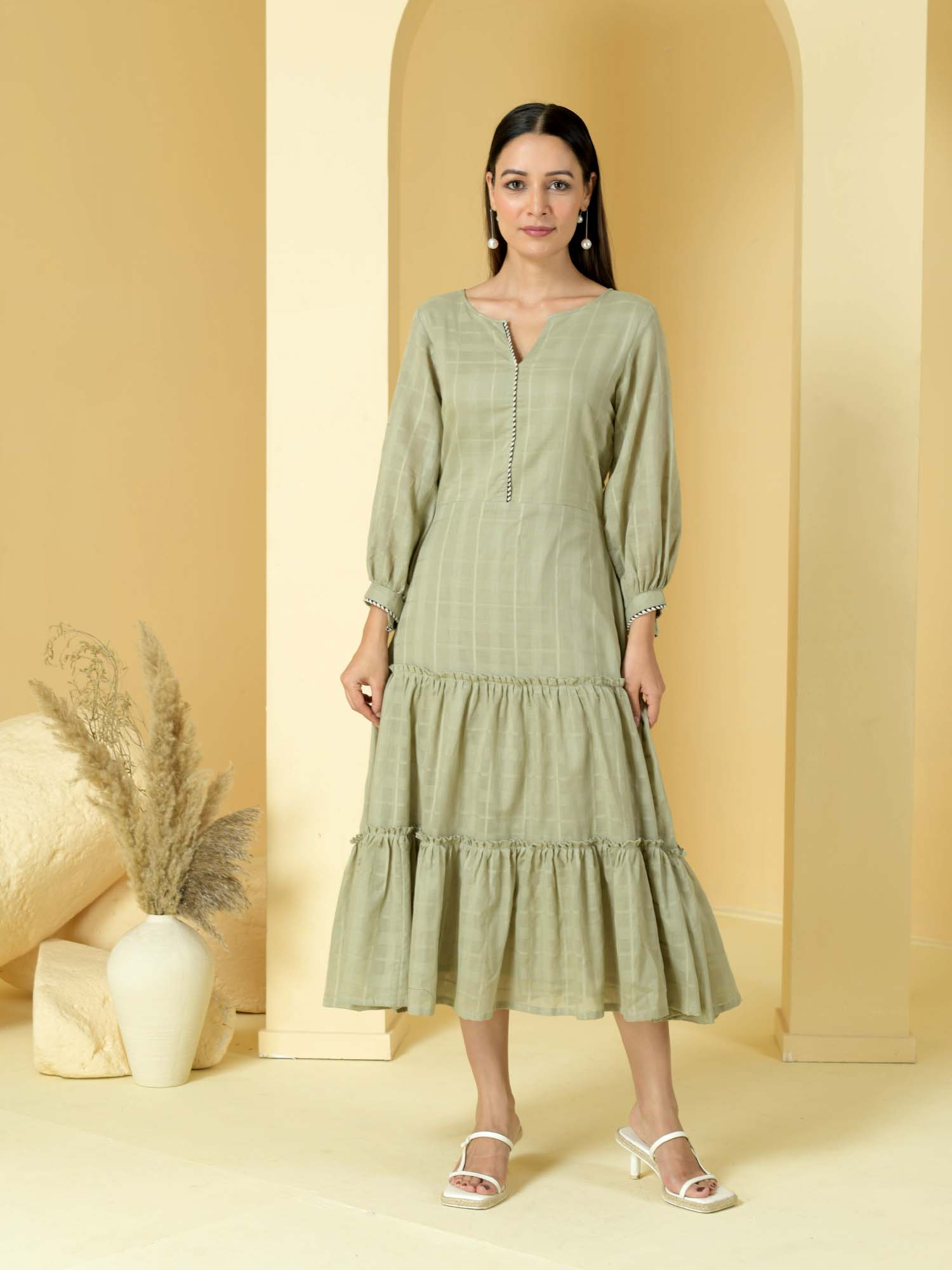 Refined Sage Green Cotton Checks Dress Beaded Lace - Sage