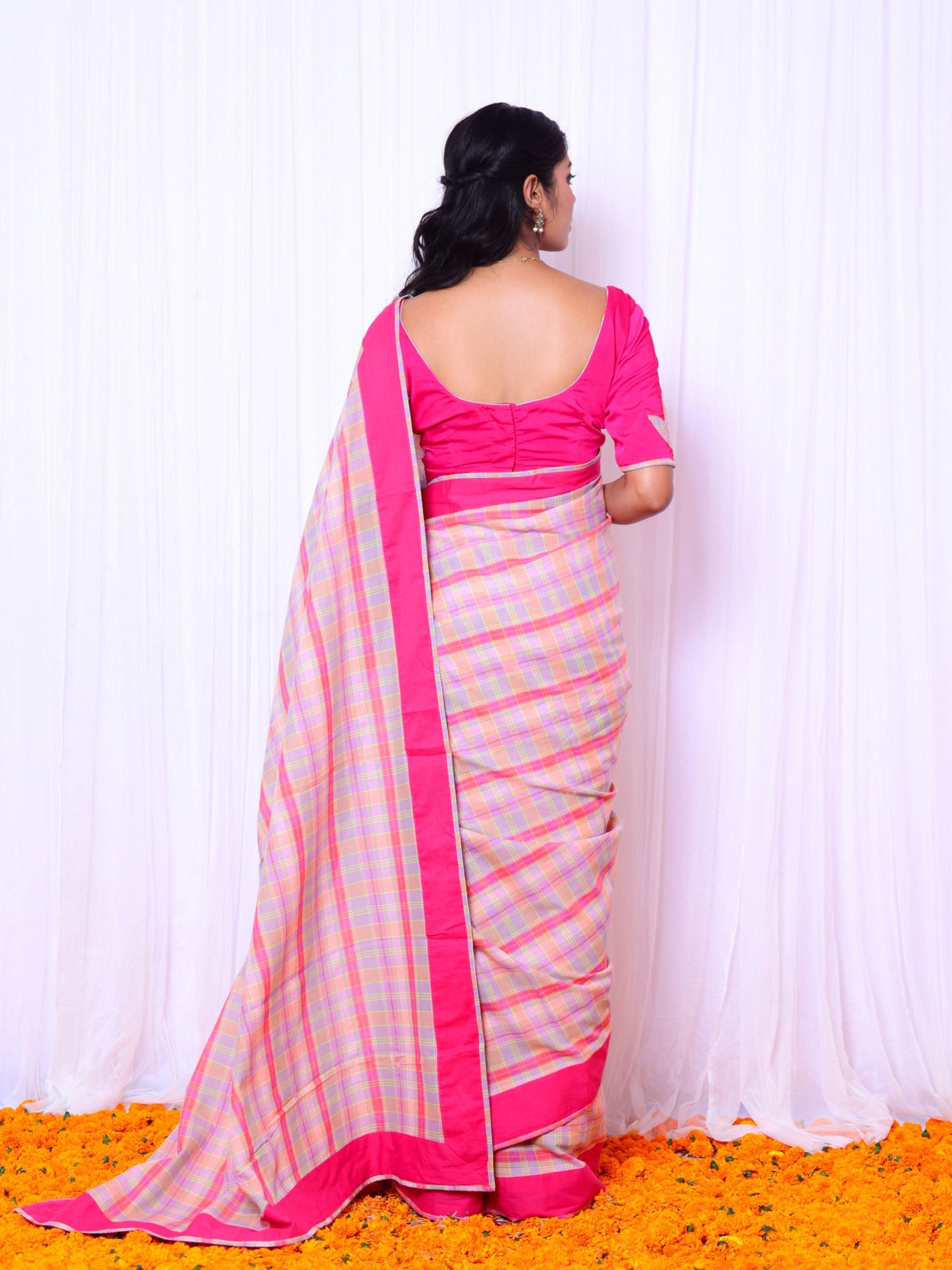 Festive Multicolor Magenta Mul Cotton Checks Saree Hand Embroidery