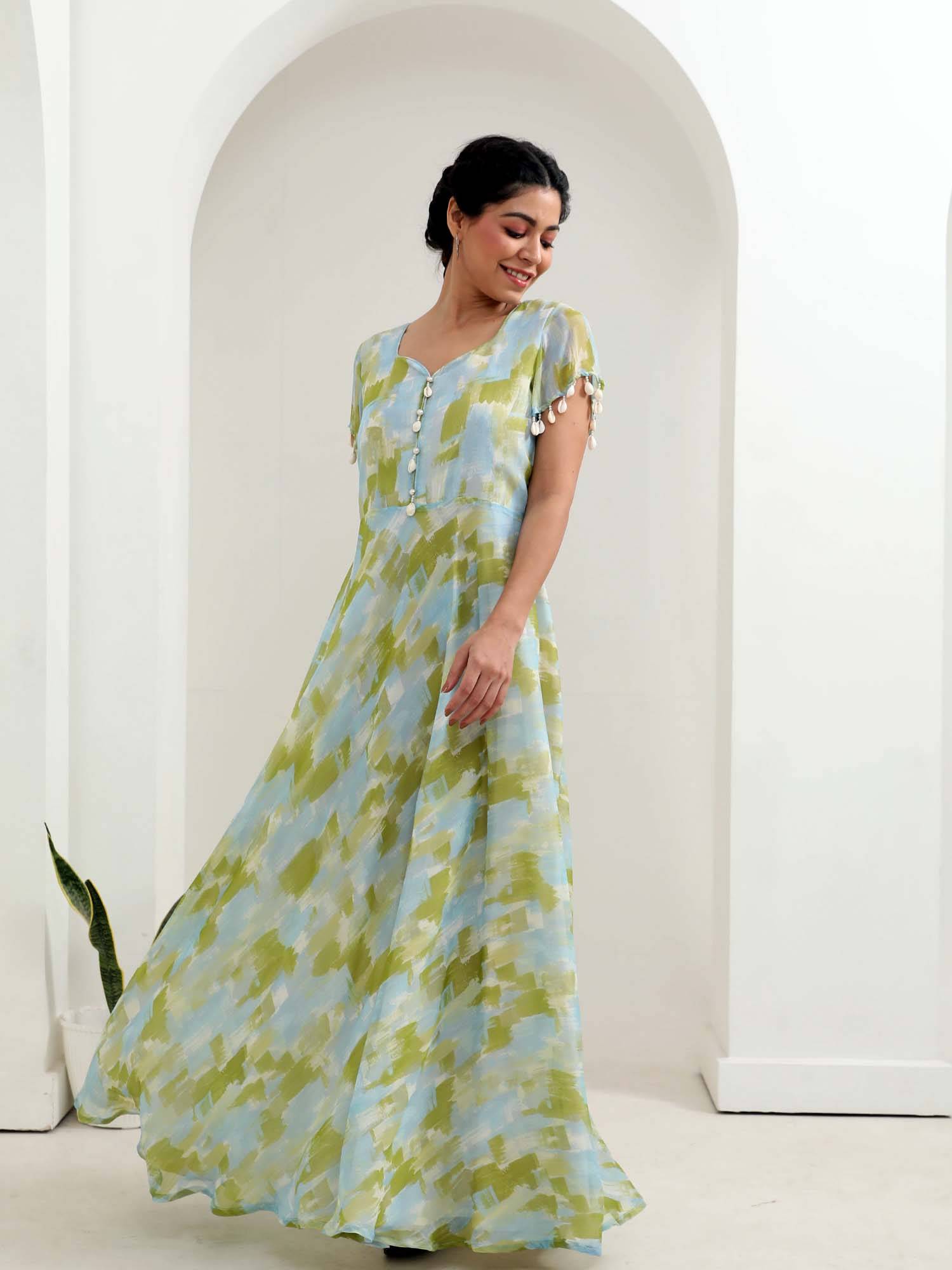 Vibrant Green Multicolor Chiffon Brushstroke Print Flared Dress - Paradise