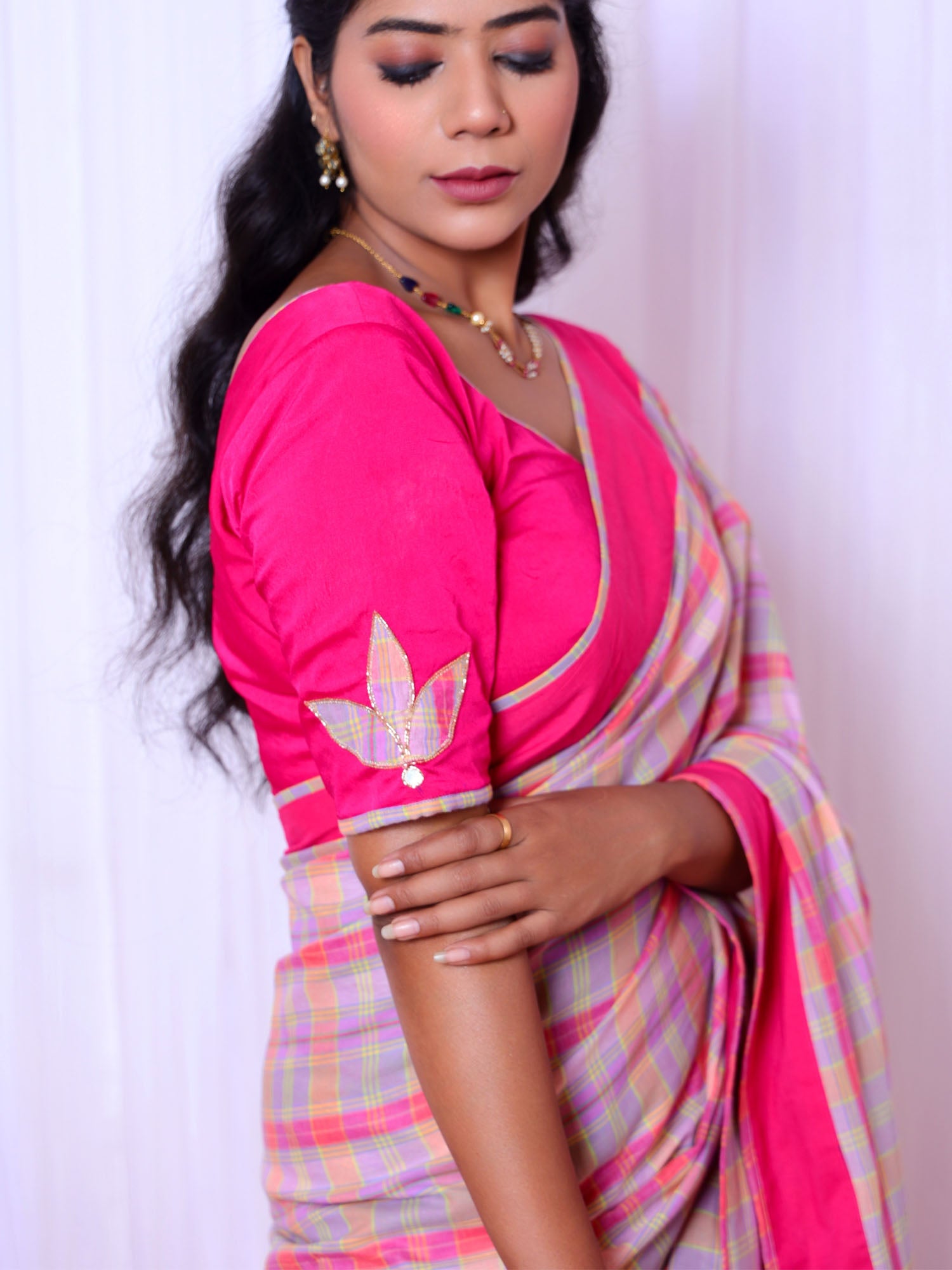 Festive Multicolor Magenta Mul Cotton Checks Saree Hand Embroidery
