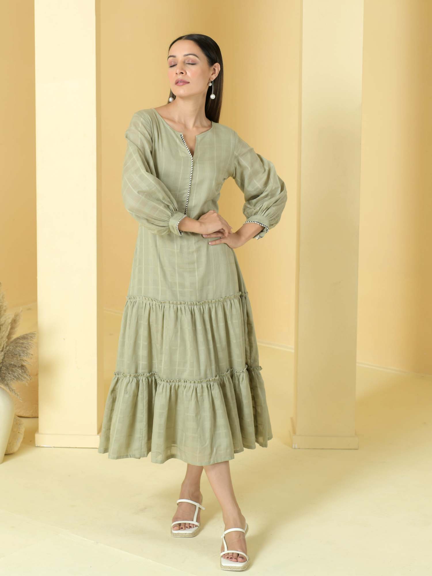 Refined Sage Green Cotton Checks Dress Beaded Lace - Sage