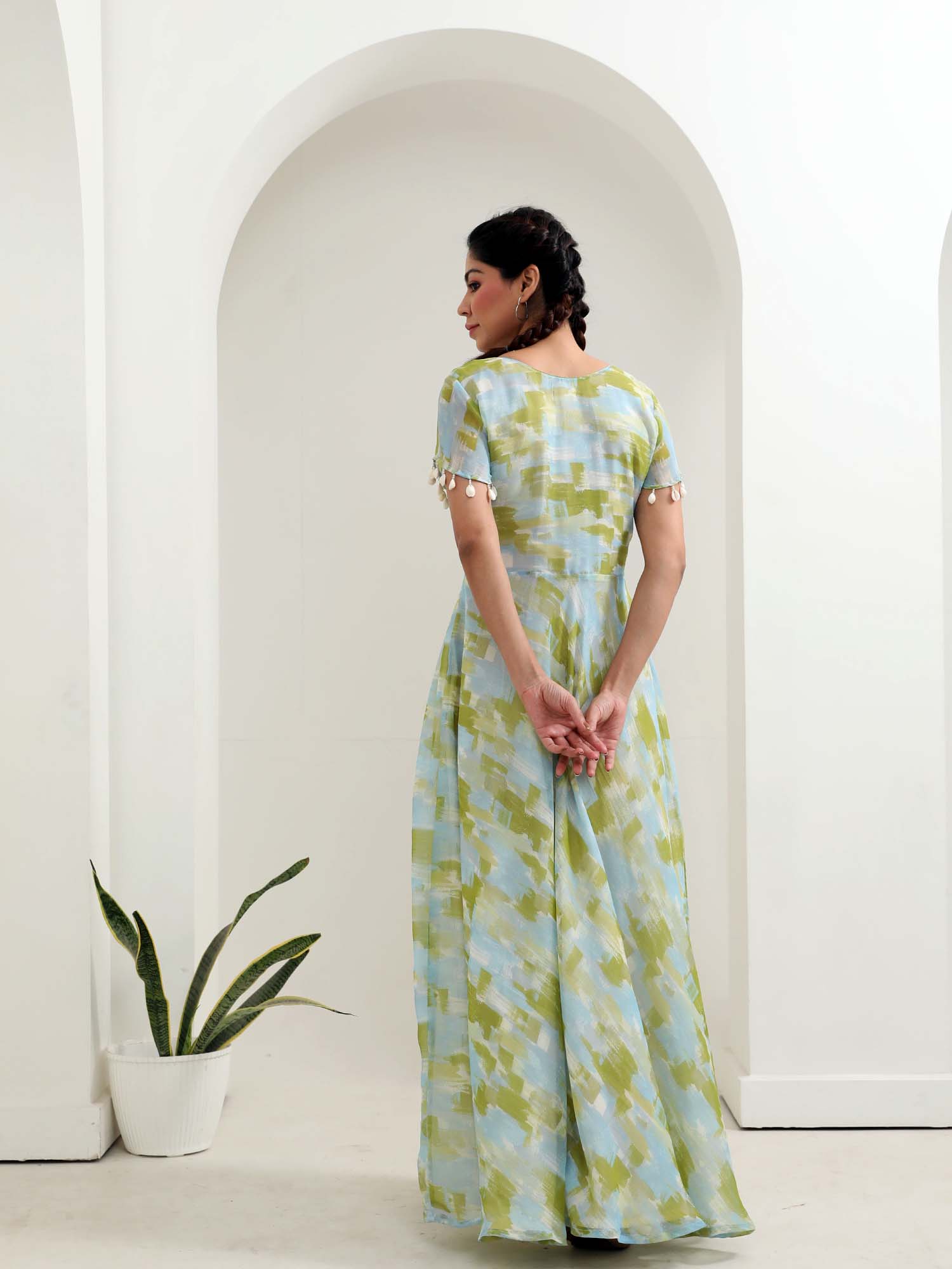 Vibrant Green Multicolor Chiffon Brushstroke Print Flared Dress - Paradise