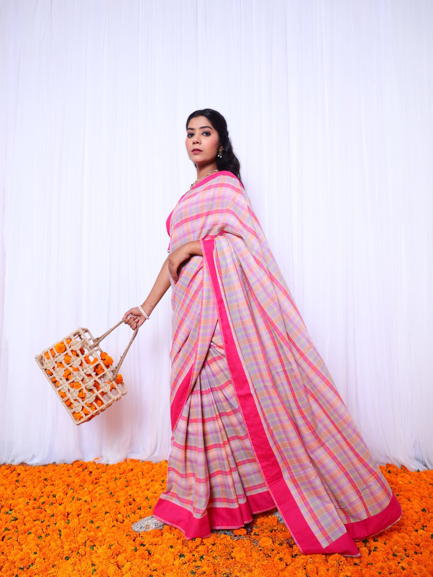 Festive Multicolor Magenta Mul Cotton Checks Saree Hand Embroidery