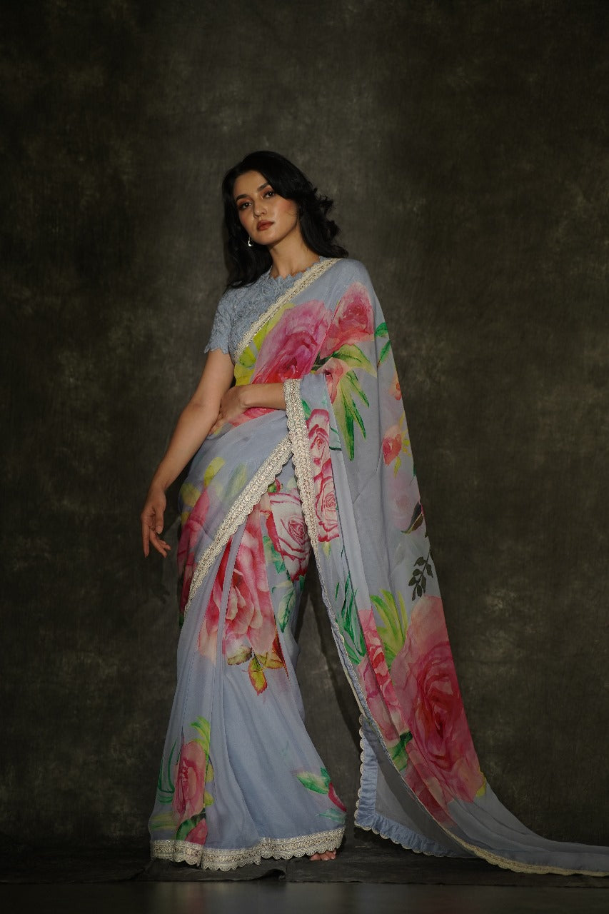 Manorama Elephant Gray Organza Saree with Chikankari Scallop Border - Pure Organza