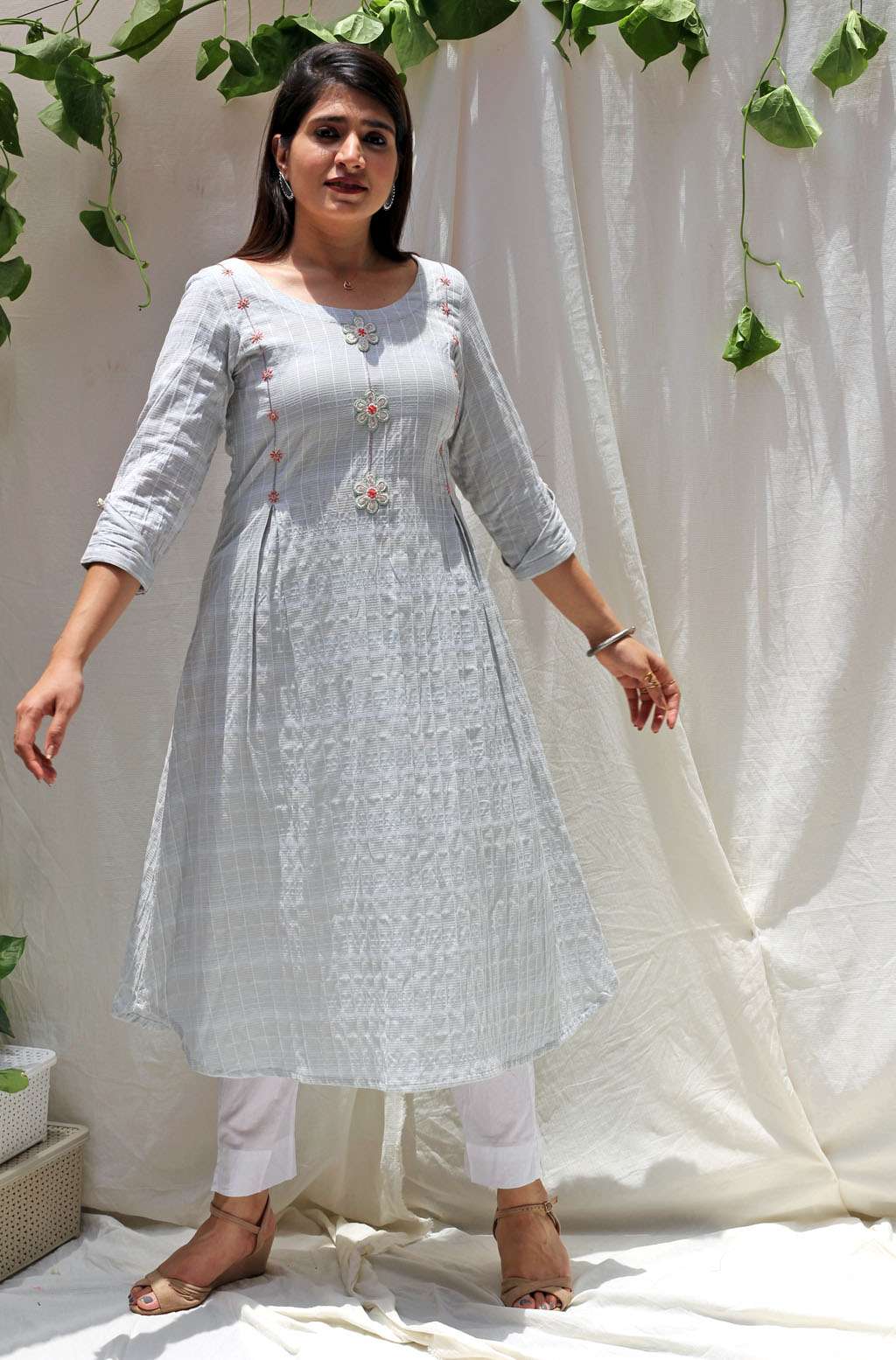 Soothing Sea Green White Cotton Check A-Line Kurta Embroidery - Heather