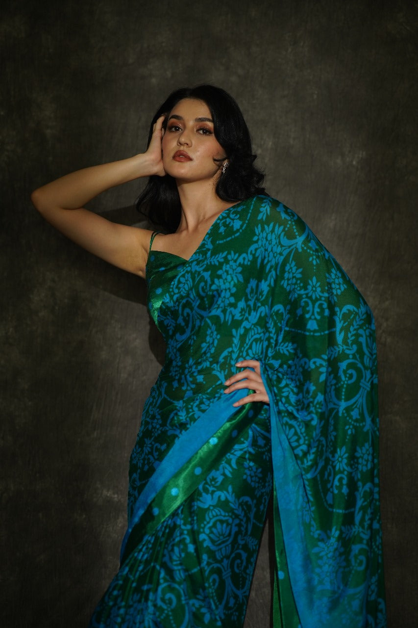 Manorama Jade Green Polka Dot Chiffon & Muslin Saree - Cocktail Party Wear