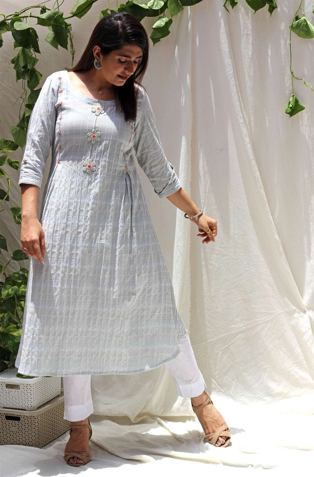 Soothing Sea Green White Cotton Check A-Line Kurta Embroidery - Heather