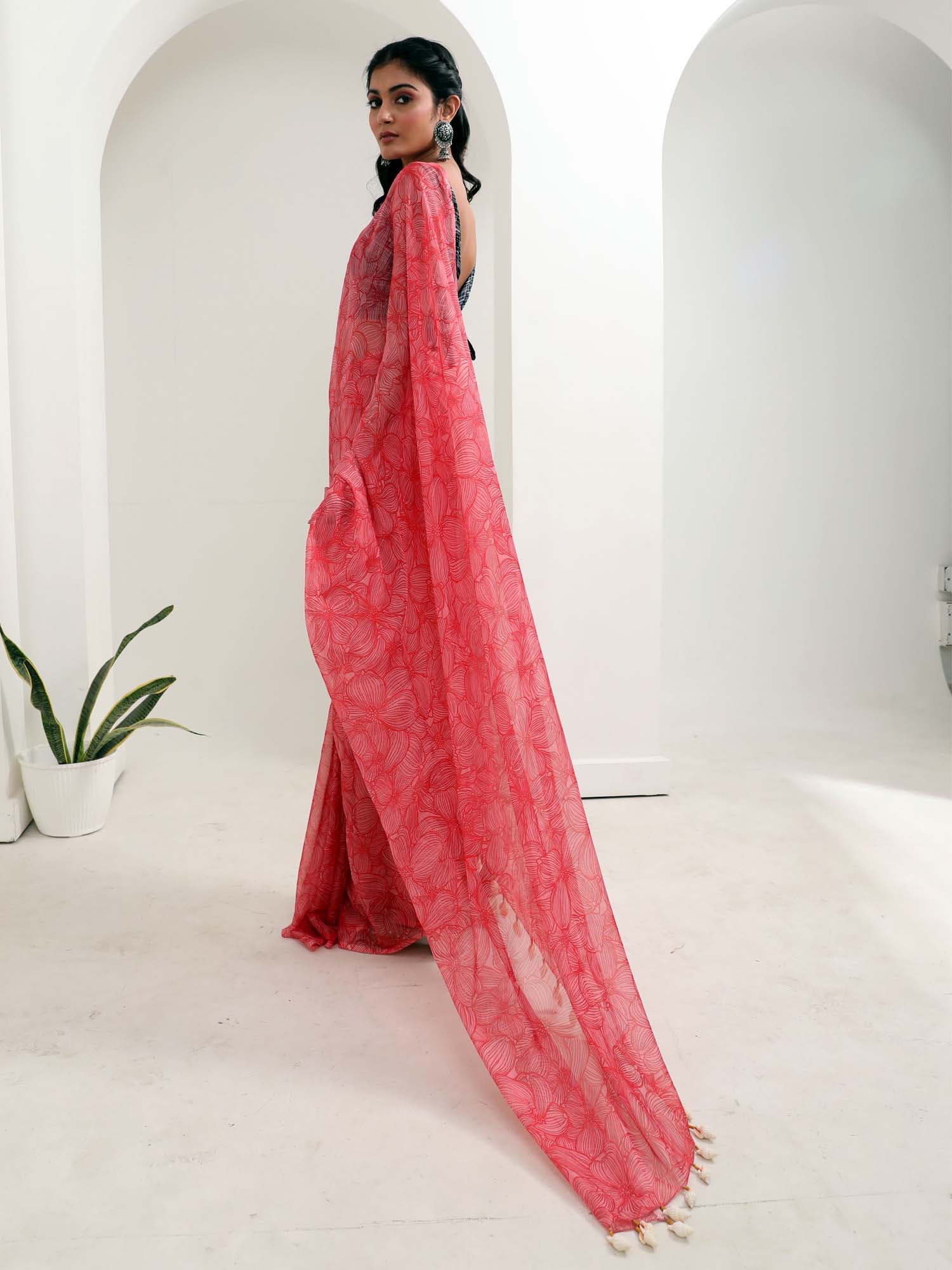 Beautiful Red Chiffon Floral Print Saree Blue Rayon Blouse - Poppy