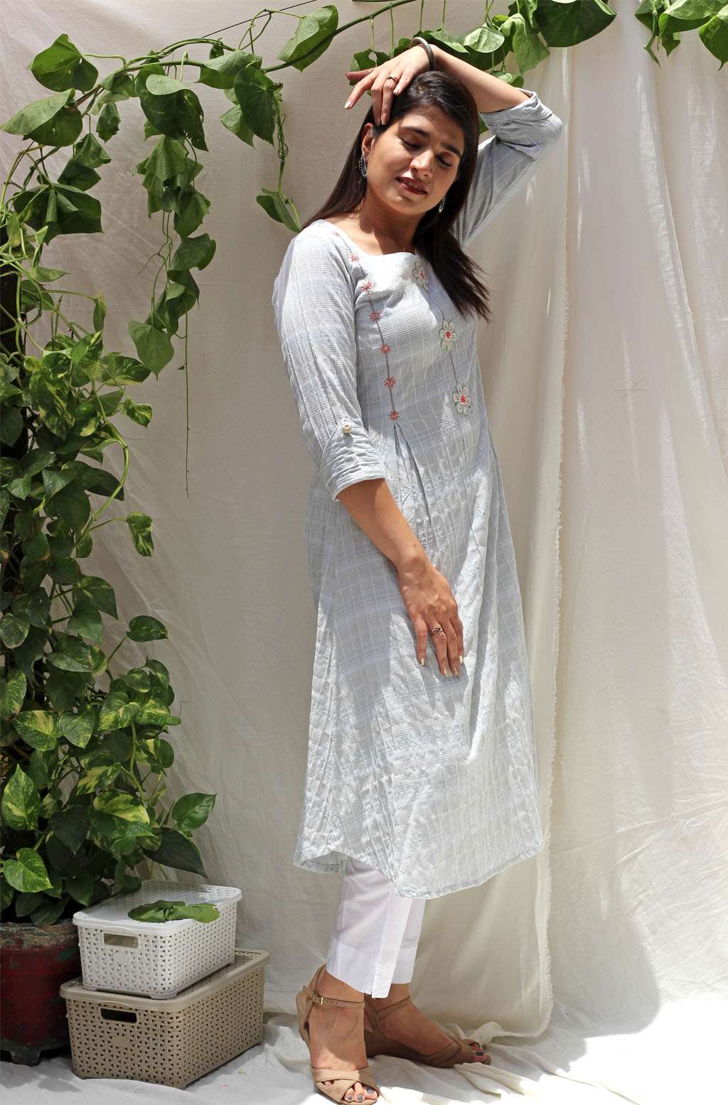 Soothing Sea Green White Cotton Check A-Line Kurta Embroidery - Heather