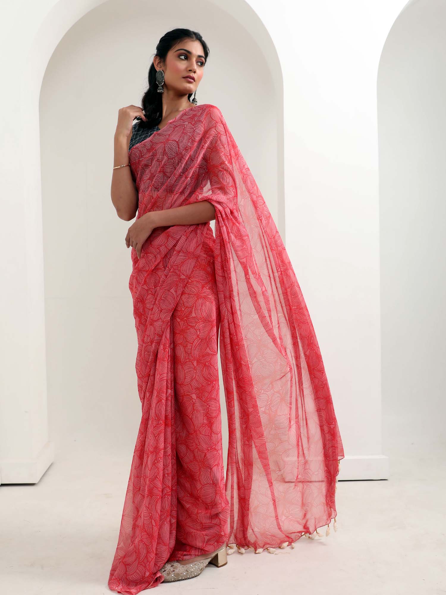 Beautiful Red Chiffon Floral Print Saree Blue Rayon Blouse - Poppy