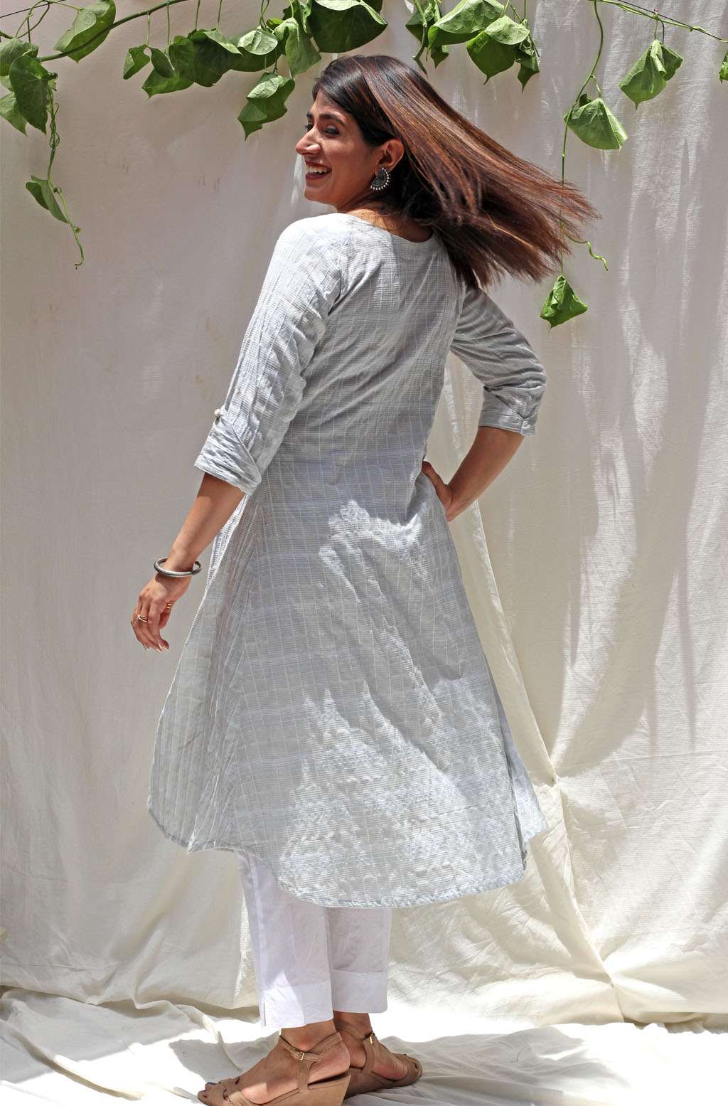 Soothing Sea Green White Cotton Check A-Line Kurta Embroidery - Heather