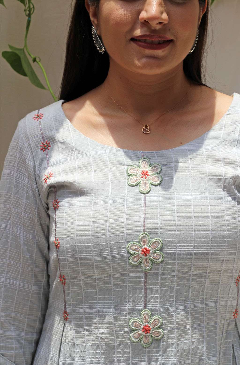 Soothing Sea Green White Cotton Check A-Line Kurta Embroidery - Heather