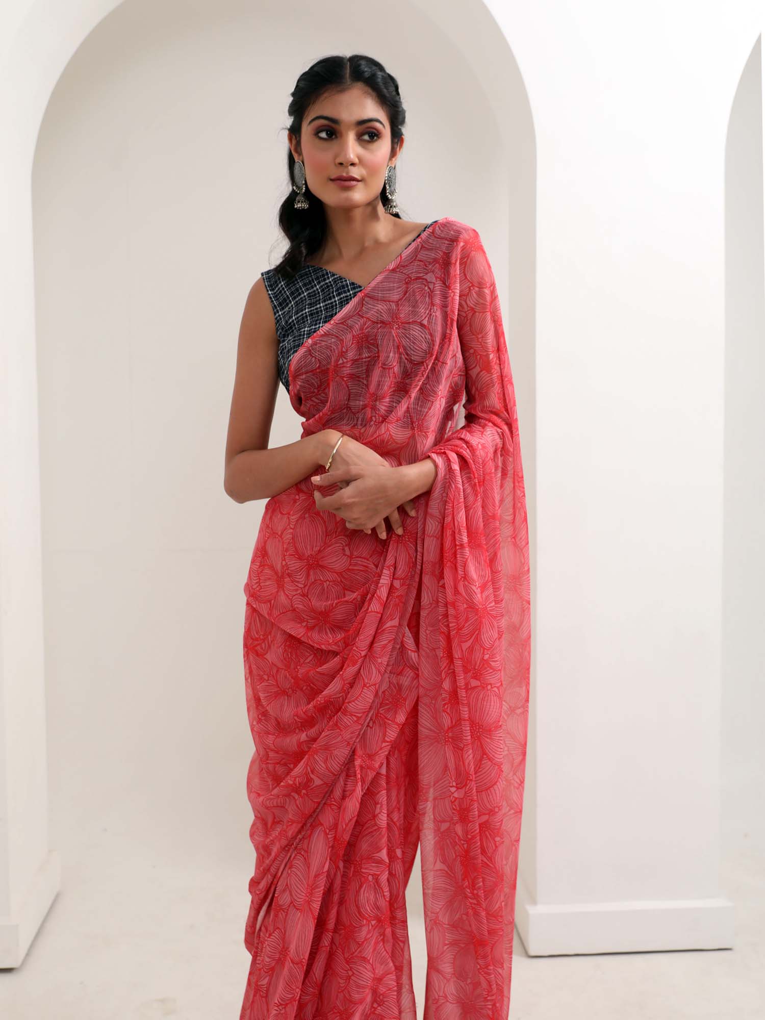 Beautiful Red Chiffon Floral Print Saree Blue Rayon Blouse - Poppy