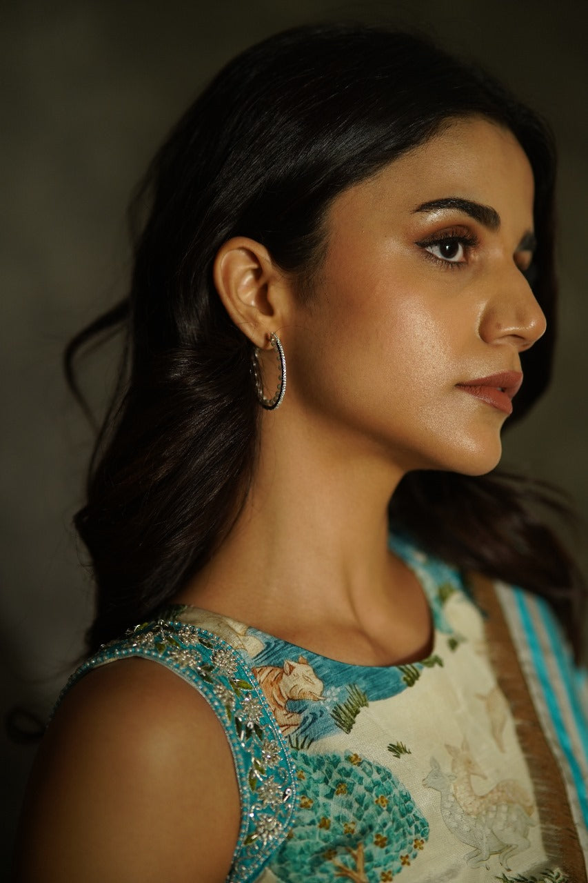 Manorama Blue Origin Striped Crepe Saree with Golden Lace - Figurative Blouse