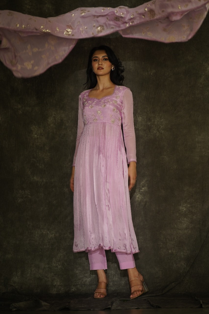 Manorama Lavender High Chiffon Anarkali with Crocia Borders - Wedding Wear Anarkali