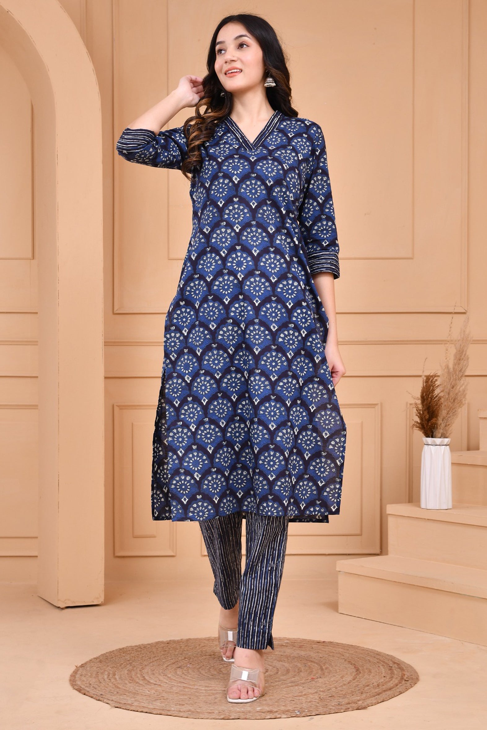 Blue Dabu Hand Block Printed Cotton Kurta Pants Set
